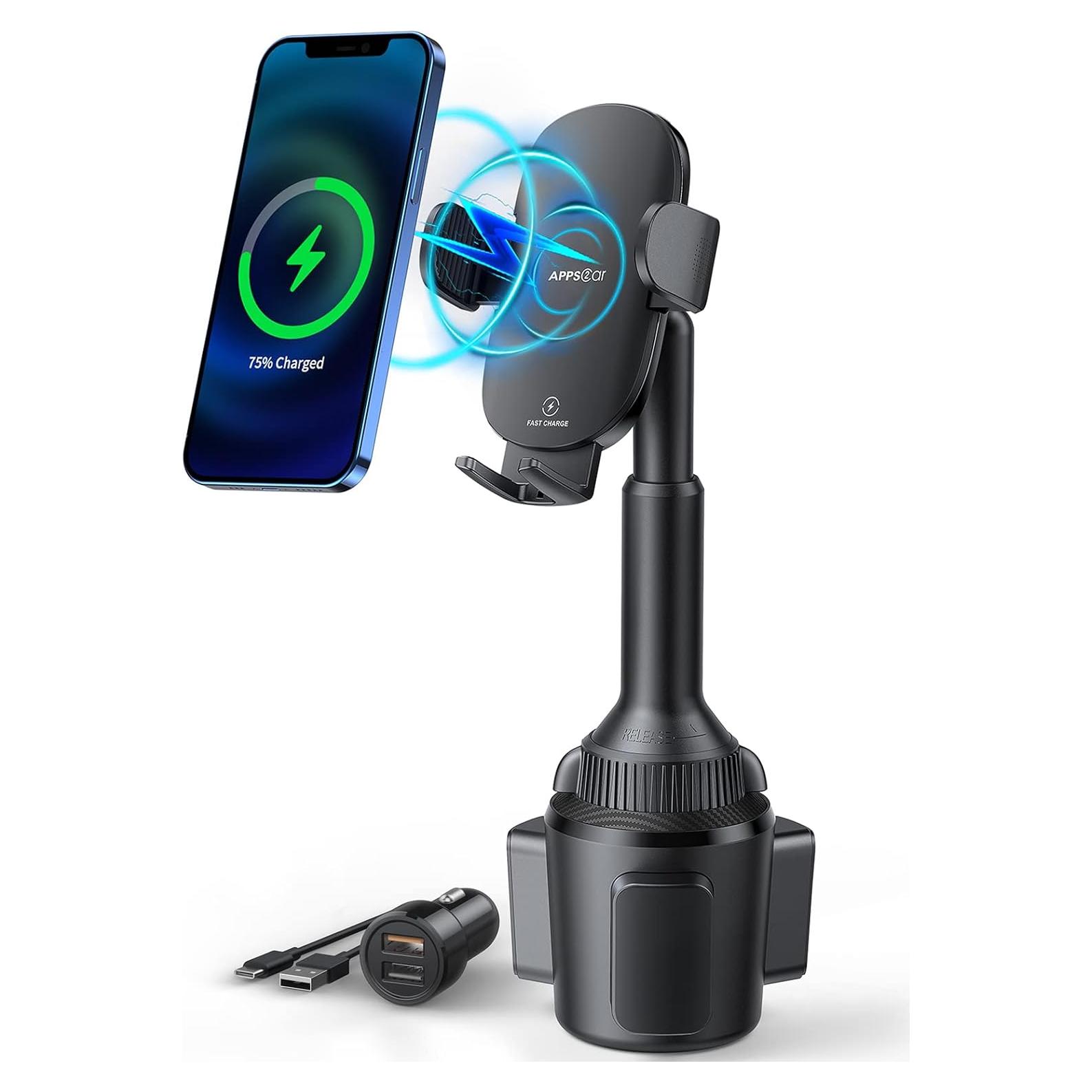 Soporte para teléfono en taza APPS2Car con cargador Qi 15W