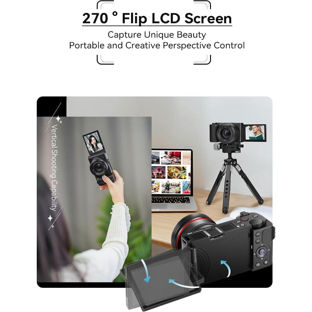 5K Digital Camera Vlogging Camera for Content Creators and Vloggers, 64MP Digital Camera for Photography Flip Screen, 12X Optical Zoom Camera, Auto Focus, IR Night Vision Function, 64GB Card