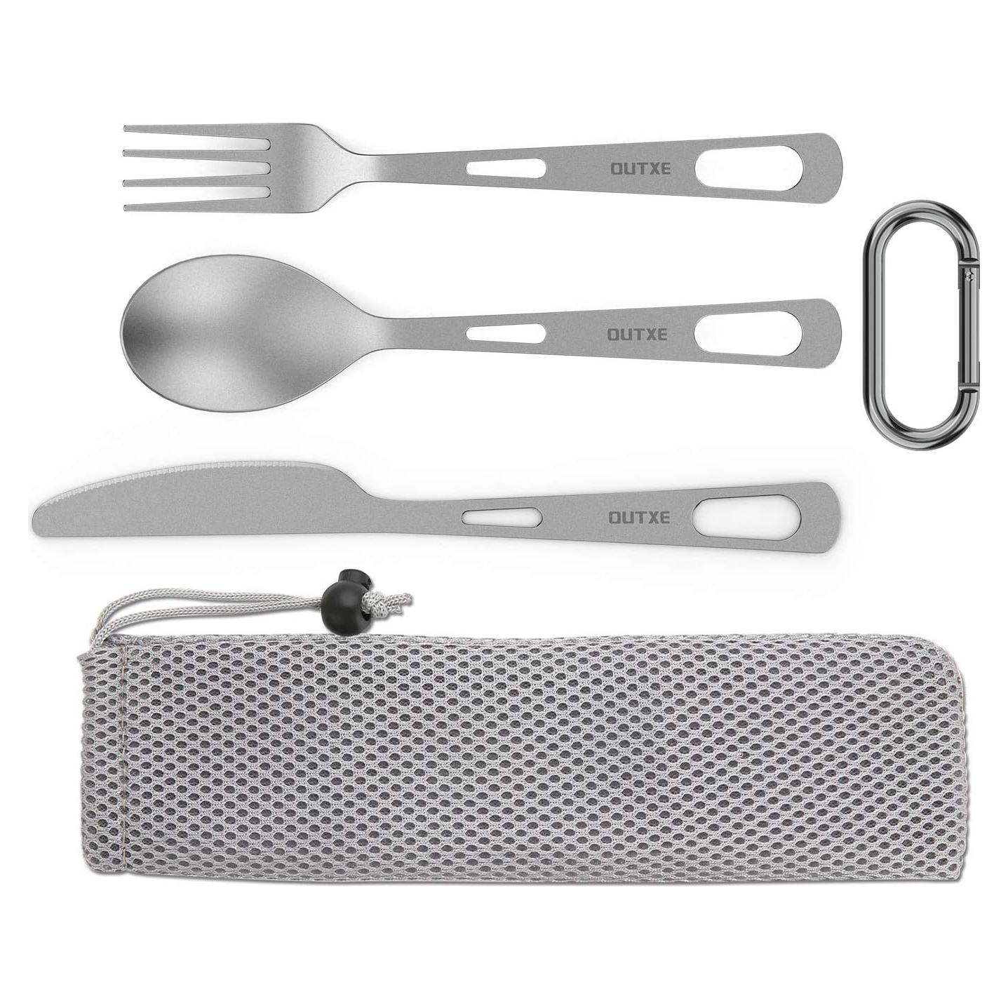 OUTXE Titanium Flatware Knife Fork Spoon Set Lightweight Ti Camping Utility Cutlery Set with Carrying Bag for Traveling Picnic Hiking