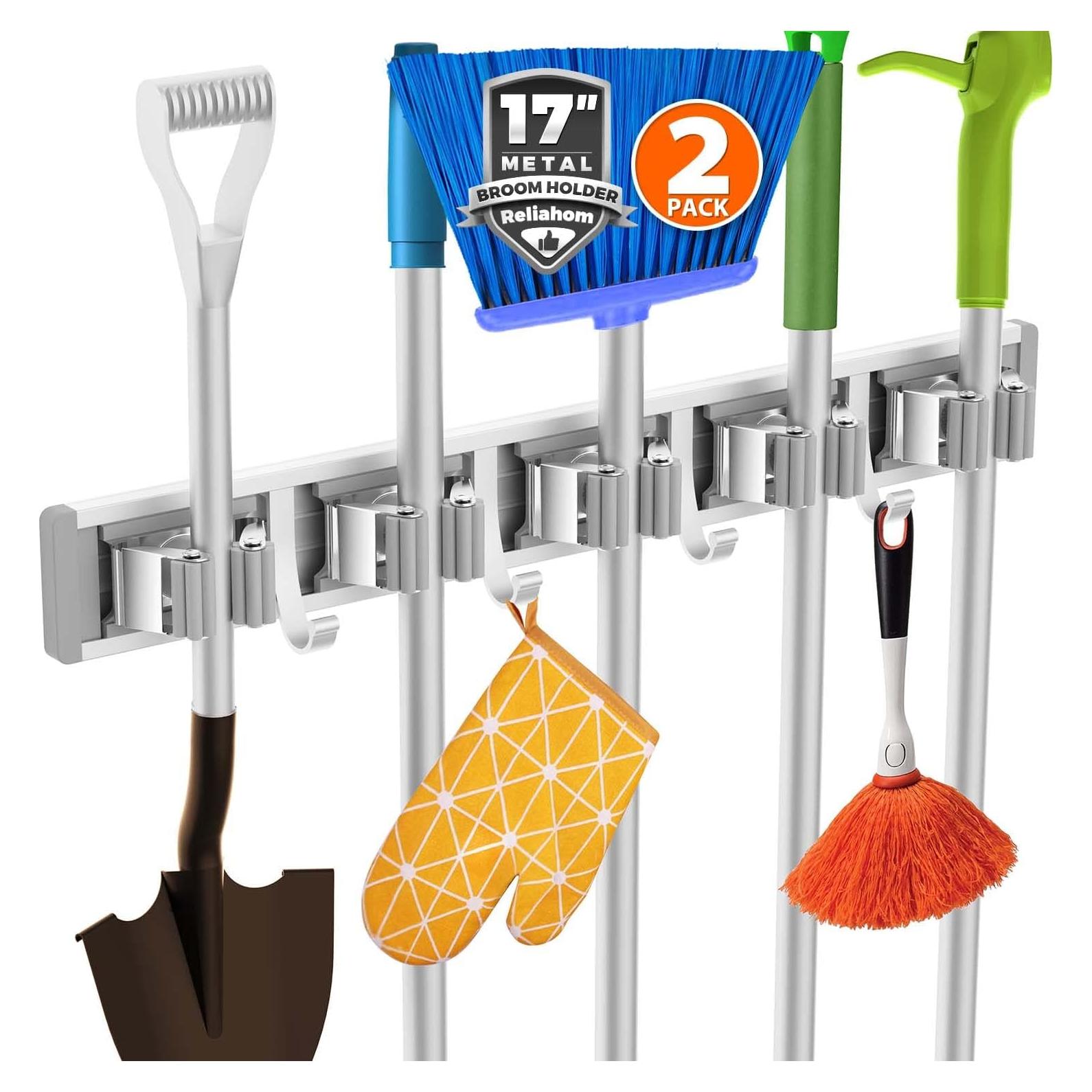 Soporte de Escoba Reliahom 2 Pack Montaje en Pared 5 Racks 4 Ganchos