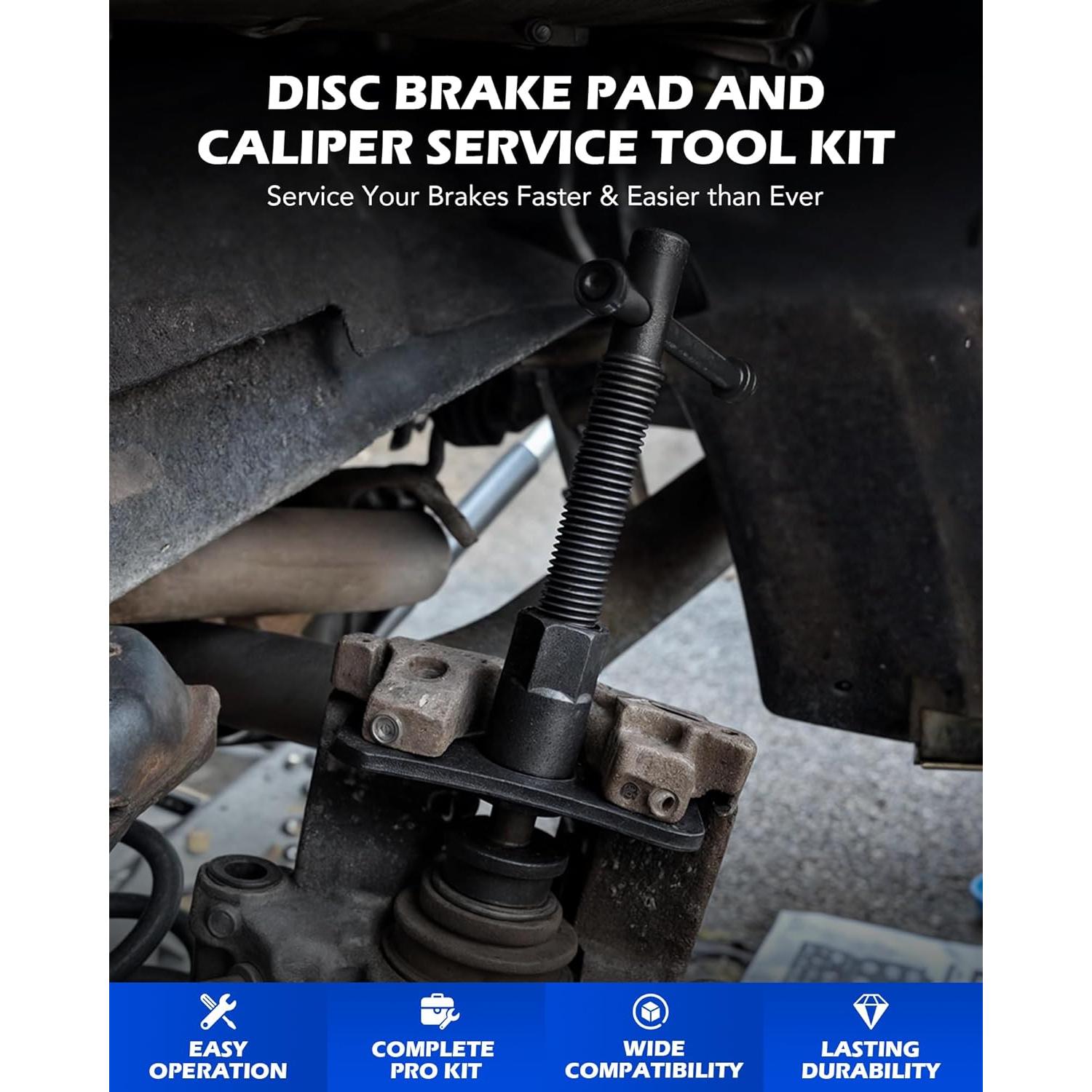 Orion Motor Tech Brake Caliper Wind Back Tool Kit, 24pc Brake Caliper Compression Tool Set with Thrust Bolt Assemblies Retaining Plates Caliper Hangers 18 Disc Adapters, Blue Case