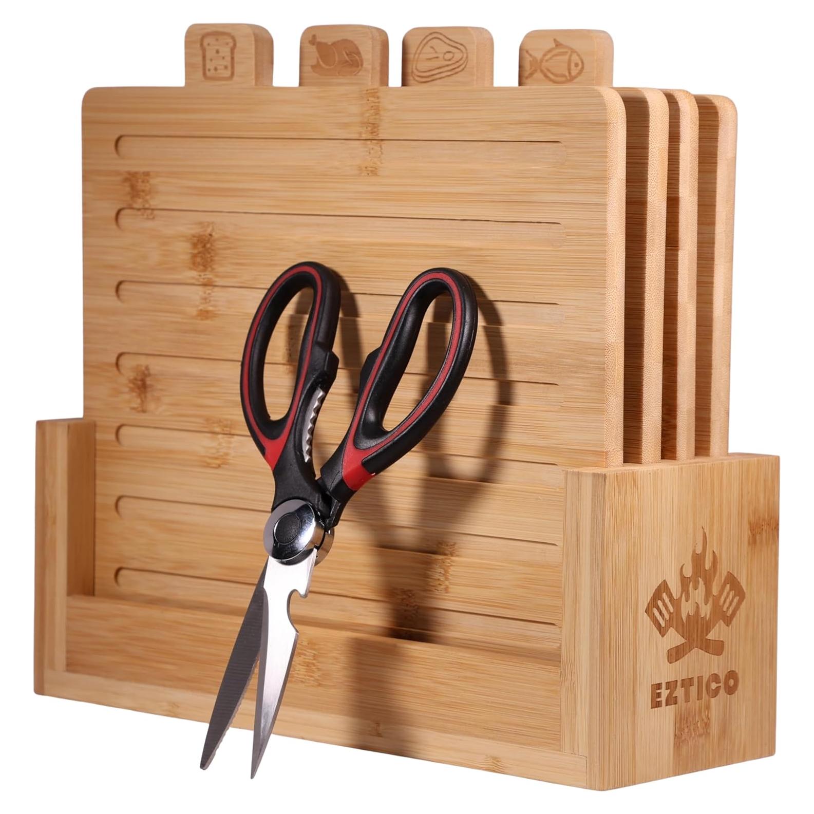 Juego de tablas de cortar de bambú EZTICO con tijeras y soporte