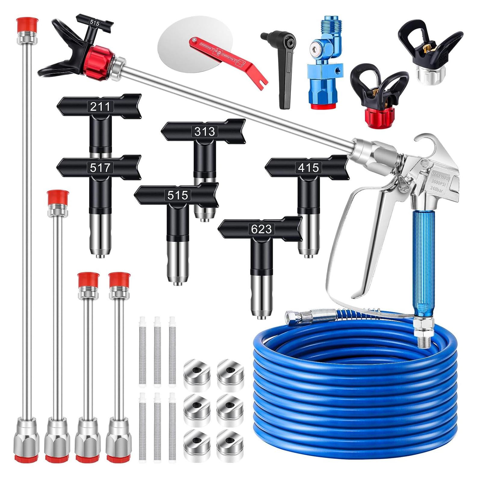 22Pcs Airless Paint Sprayer Gun Kit, 3600PSI Airless Spray Gun with 50Ft High Pressure Hose & 6Pcs Reversible Spray Tips & 4Pcs Extension Rod & 6Pcs Filters & Guide Tool & Nozzle Seat