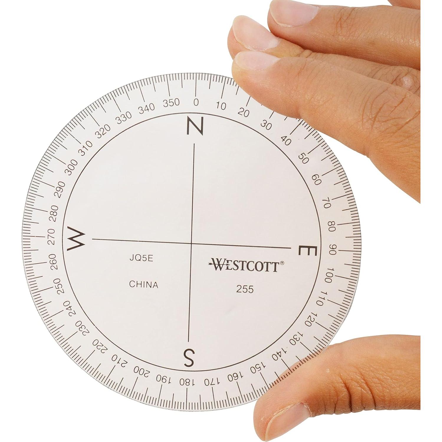 Westcott 360-Degree Compass Protractor, Crystal Clear Transparent Dial, Calibrated for 360-Degree Accuracy, Back-to-School, School Supplies, Classroom Supplies, 3 1/2-Inch
