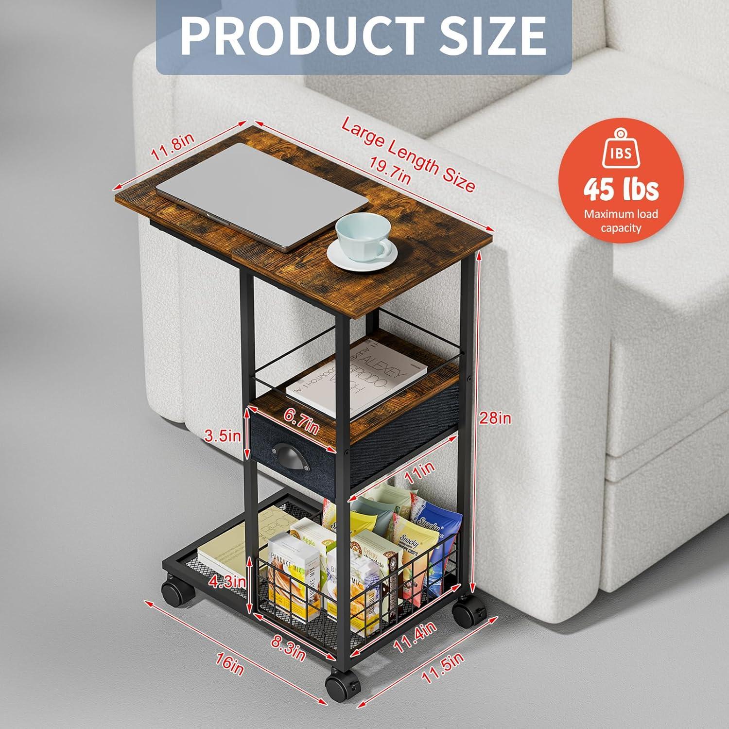 Mesa Lateral en C Sonyabecca con Cajón y Ruedas 50x30x71cm