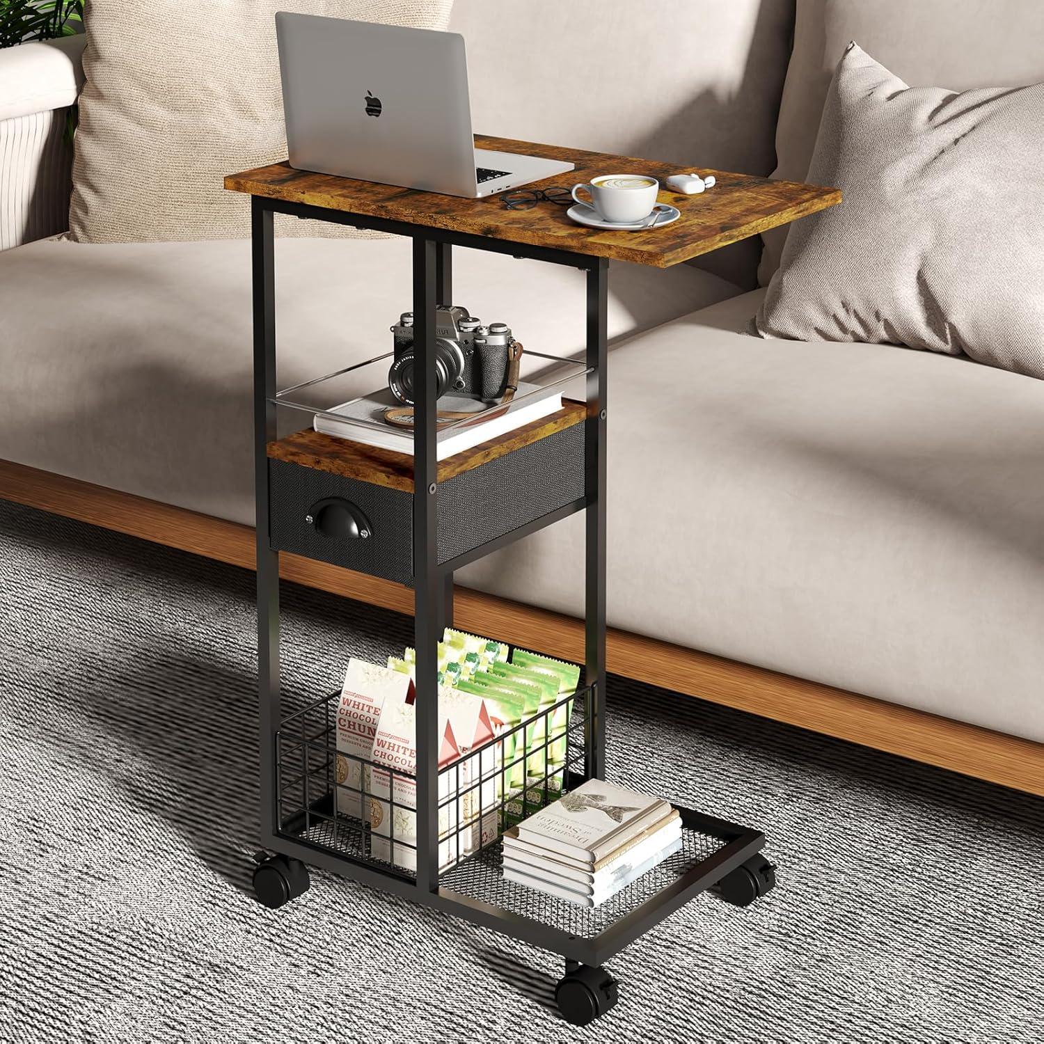 Mesa Lateral en C Sonyabecca con Cajón y Ruedas 50x30x71cm