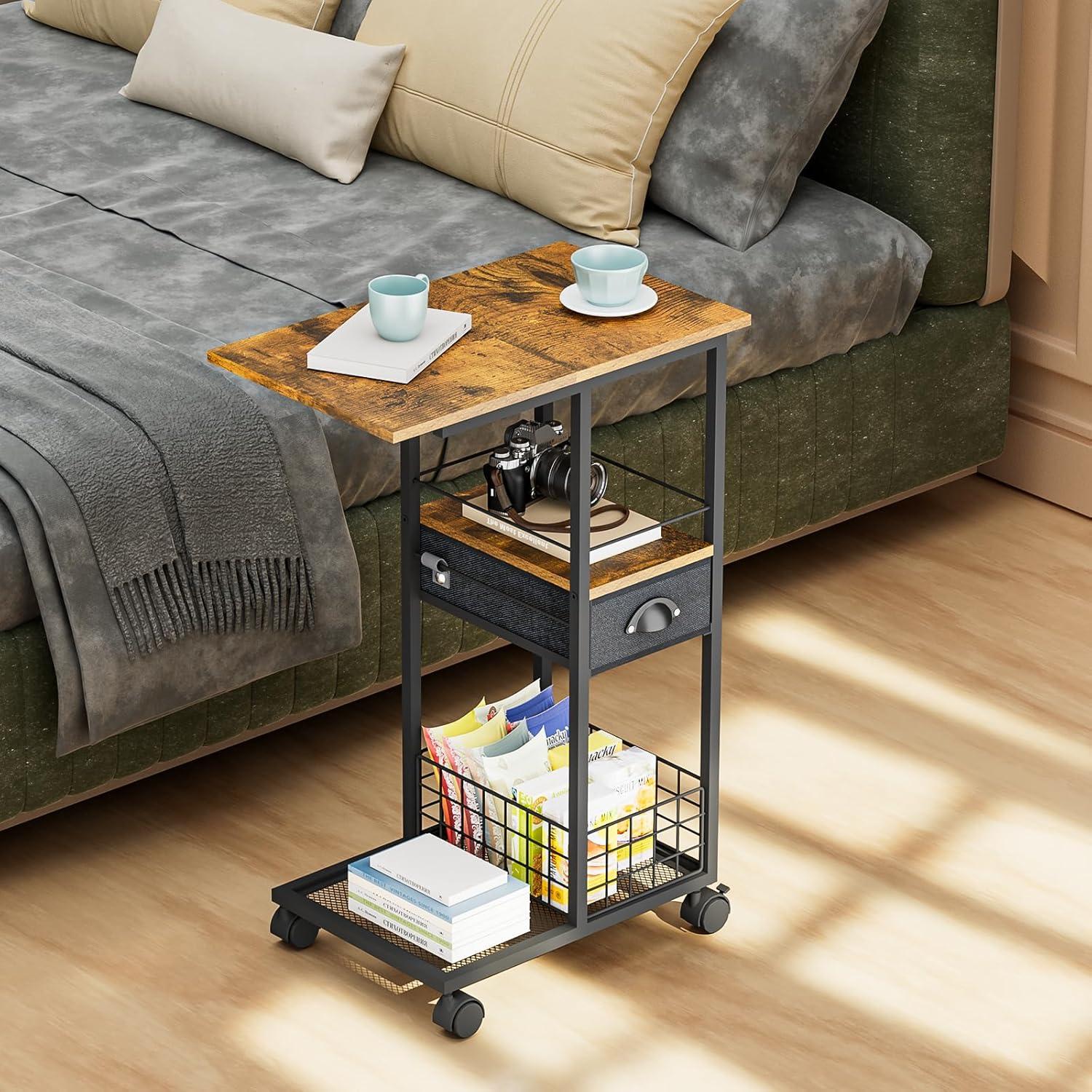 Mesa Lateral en C Sonyabecca con Cajón y Ruedas 50x30x71cm