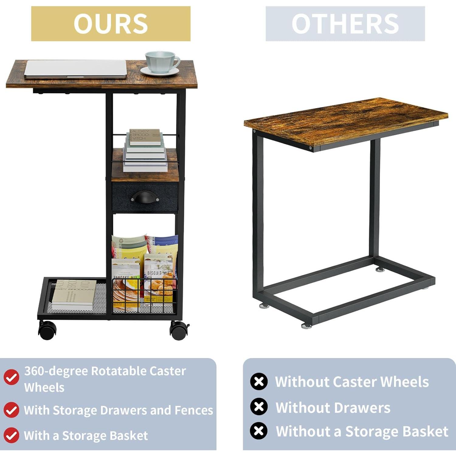 Mesa Lateral en C Sonyabecca con Cajón y Ruedas 50x30x71cm