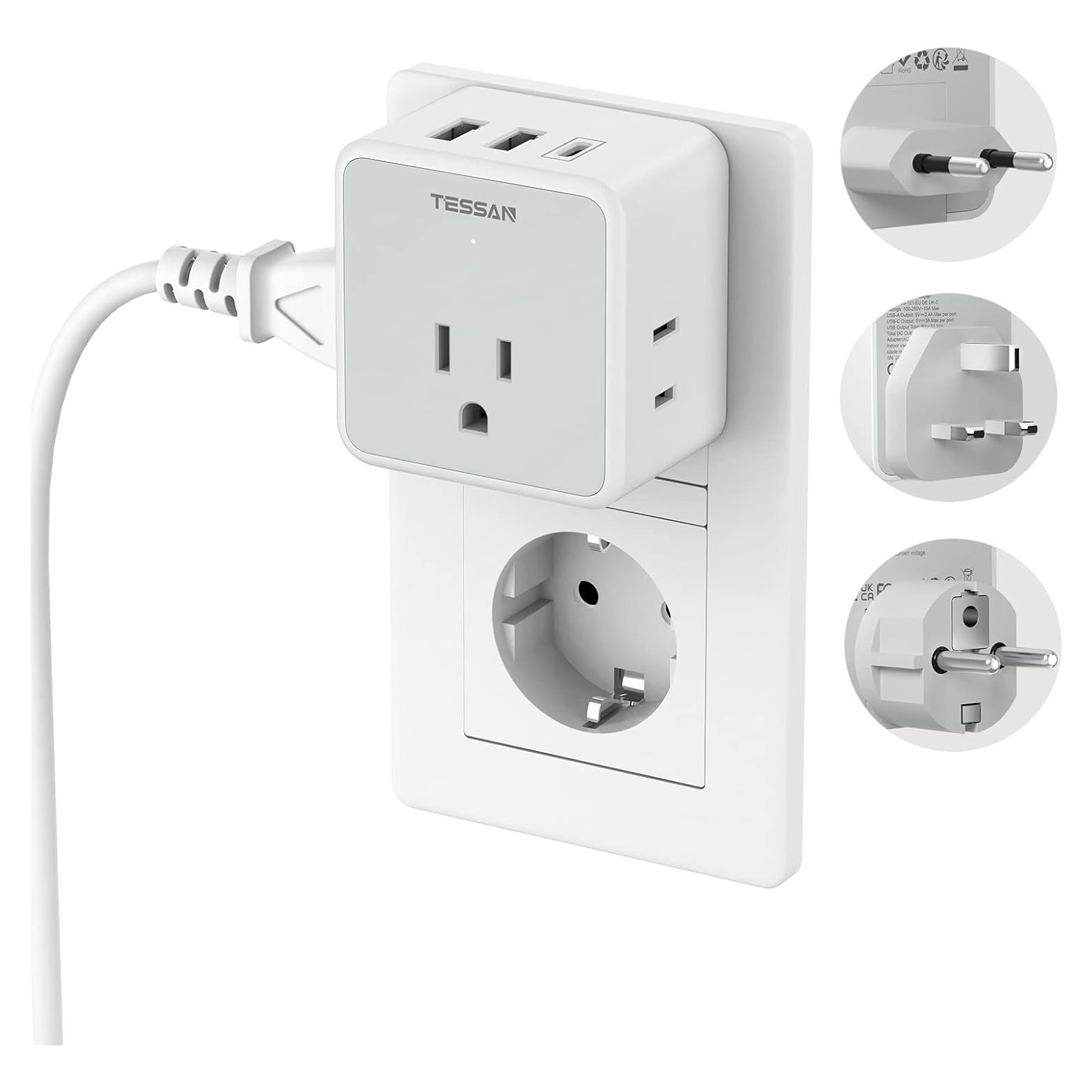 Adaptador de Enchufe de Viaje TESSAN 6 en 1 Tipo C/G/E/F