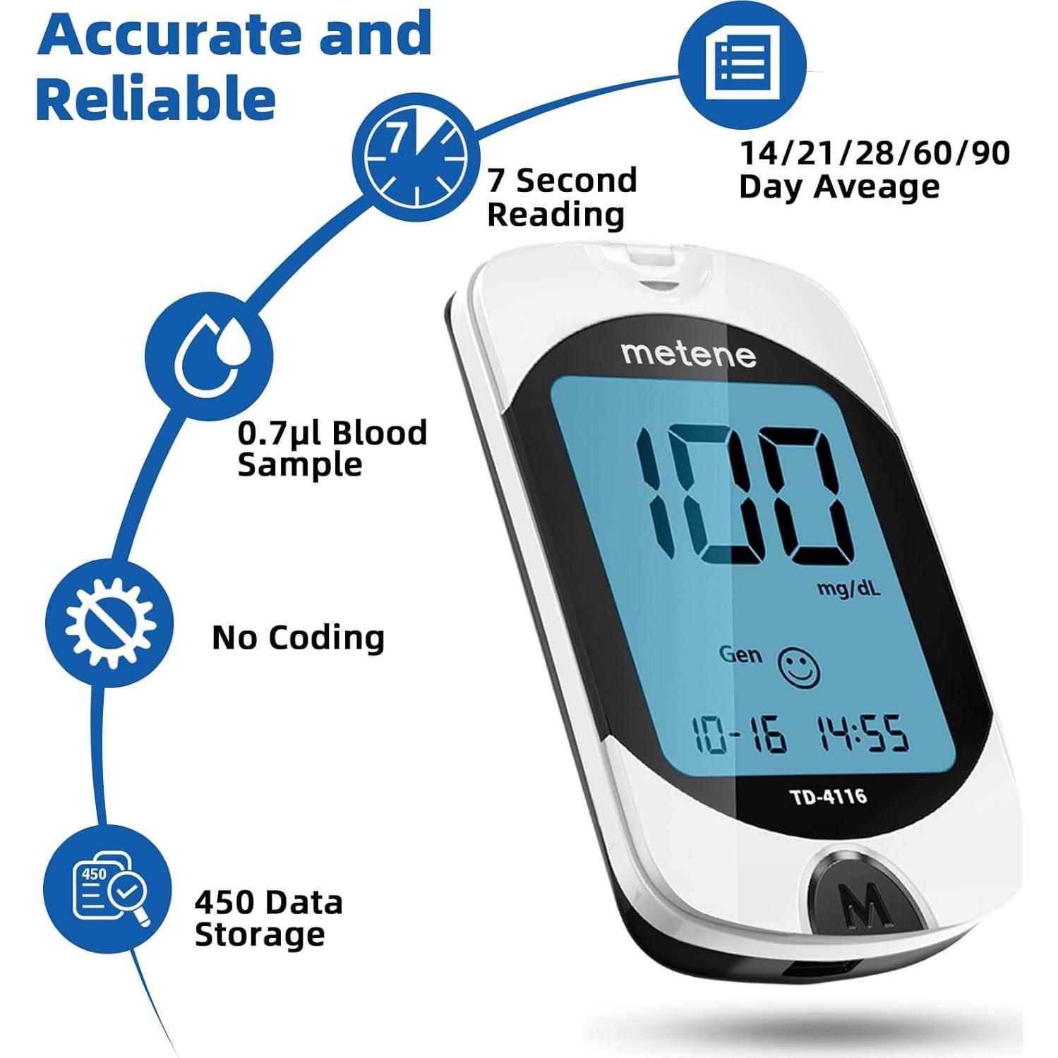 Kit de Monitor de Glucosa Metene TD-4116 con 100 Tiras y Lancetas