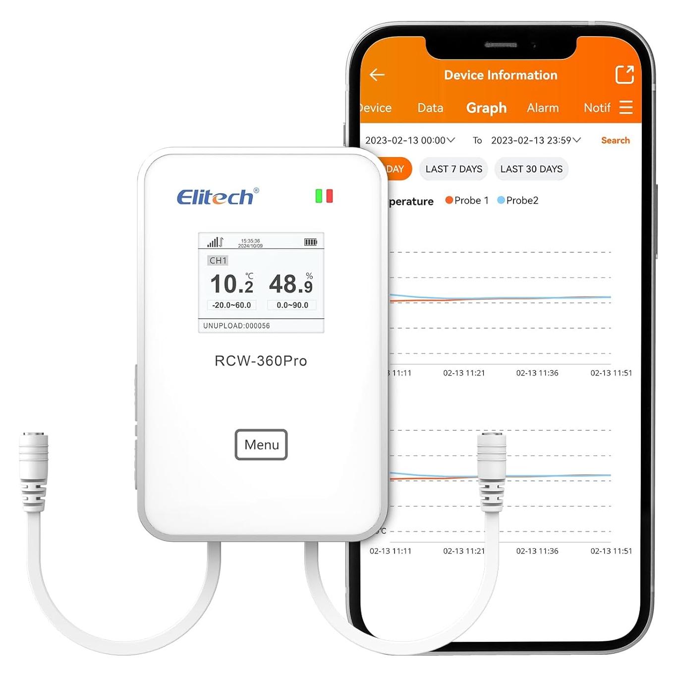 Elitech 4G Wireless Remote Real-Time IOT Data Logger, APP/Cloud Data Storage, with Dual External Expansion Channel with T&H Probe + Glycol Bottle Temp Probe