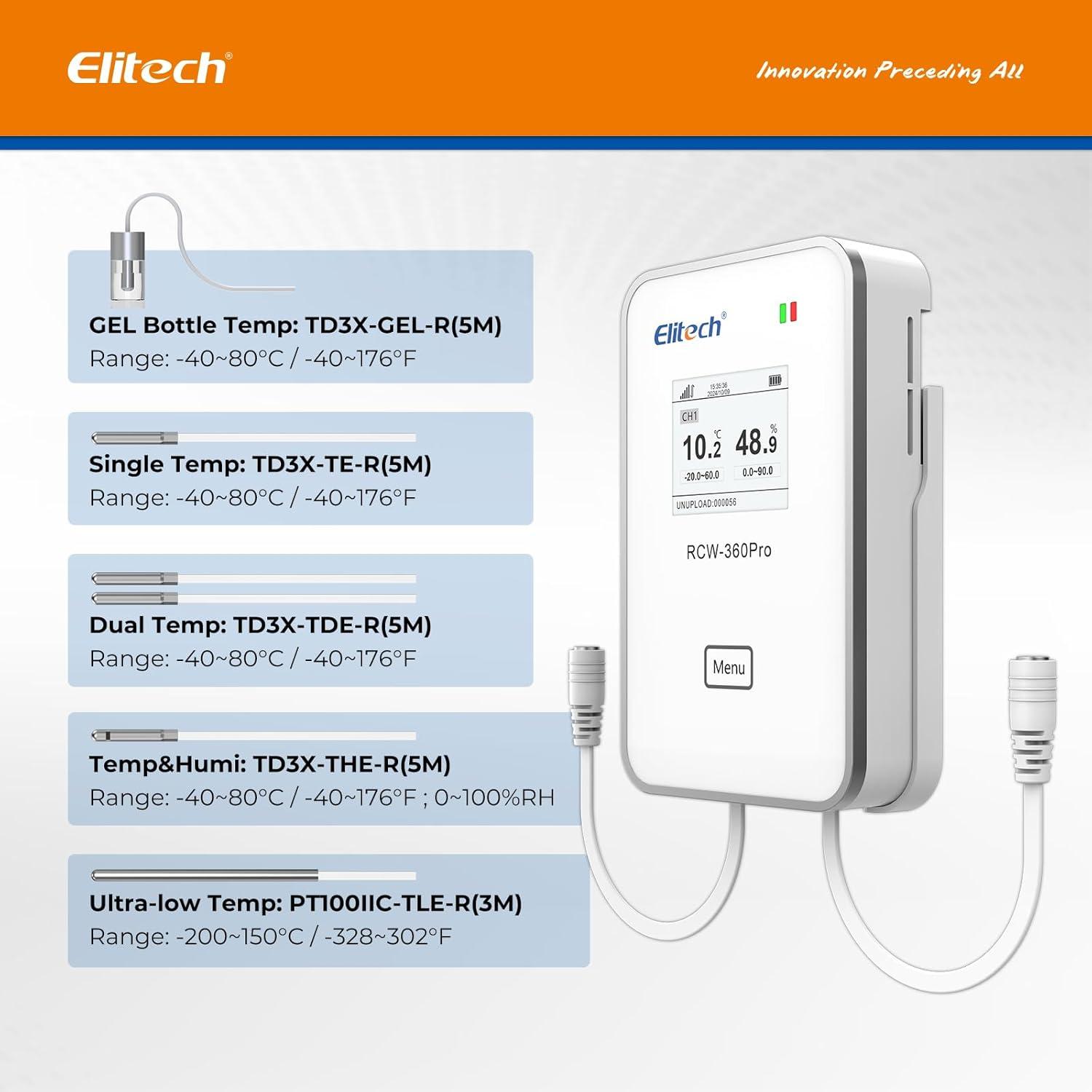Elitech 4G Wireless Remote Real-Time IOT Data Logger, APP/Cloud Data Storage, with Dual External Expansion Channel with T&H Probe + Glycol Bottle Temp Probe