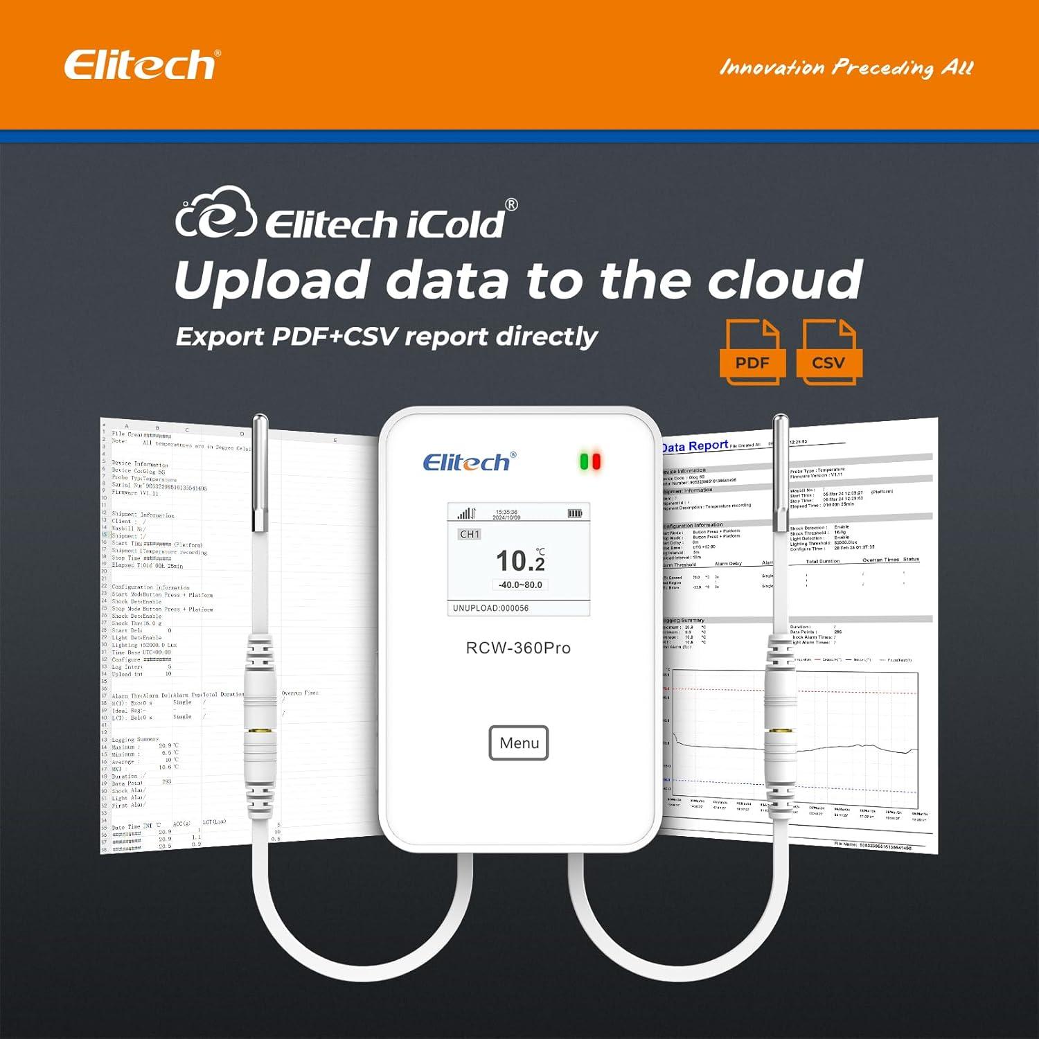 Elitech 4G Wireless Remote Real-Time IOT Data Logger, APP/Cloud Data Storage, with Dual External Expansion Channel with T&H Probe + Glycol Bottle Temp Probe