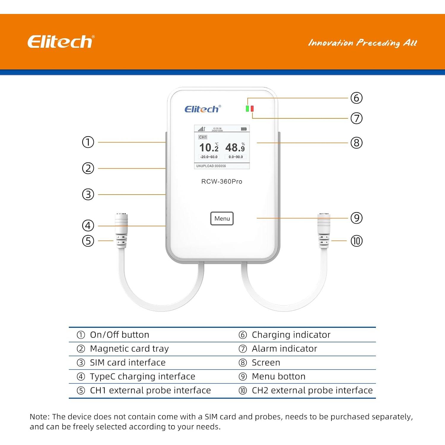 Elitech 4G Wireless Remote Real-Time IOT Data Logger, APP/Cloud Data Storage, with Dual External Expansion Channel with T&H Probe + Glycol Bottle Temp Probe