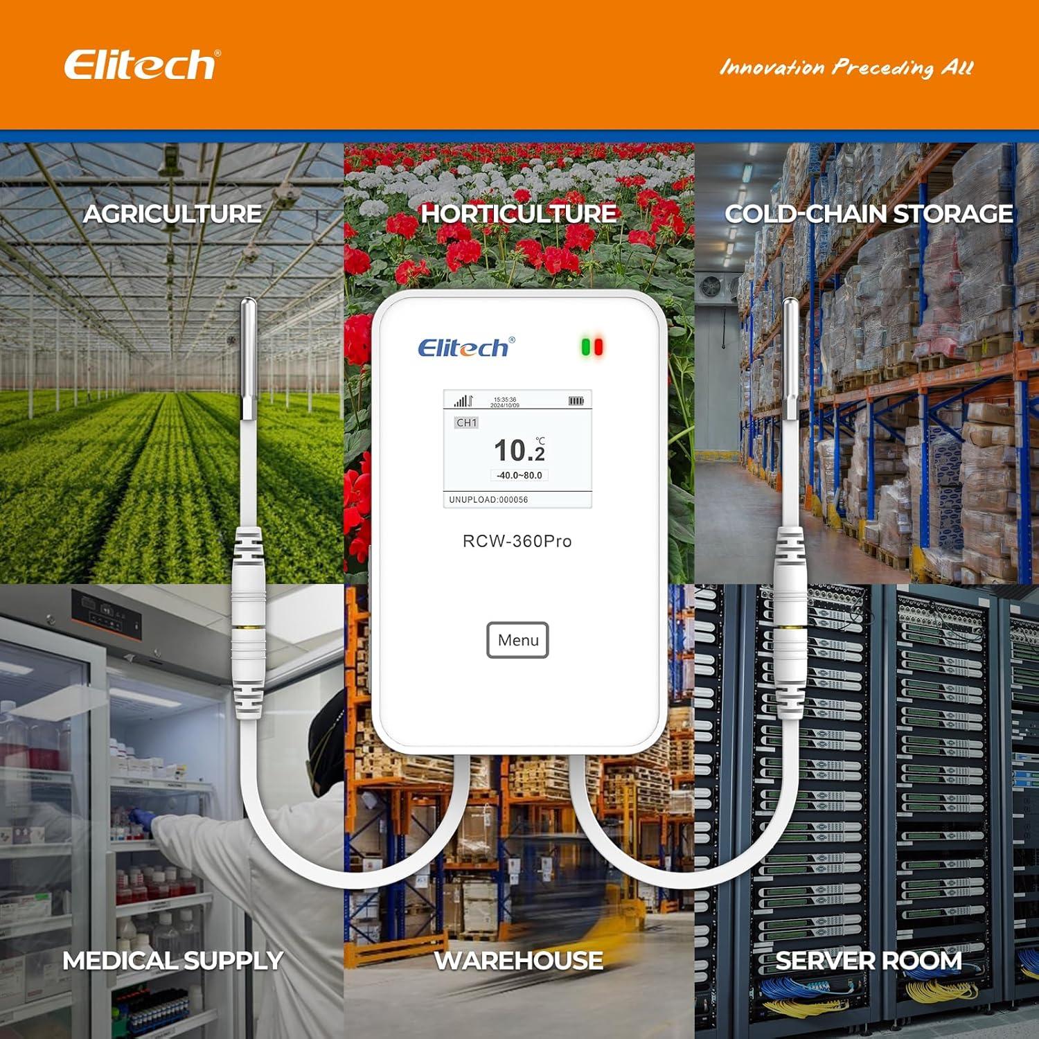 Elitech 4G Wireless Remote Real-Time IOT Data Logger, APP/Cloud Data Storage, with Dual External Expansion Channel with T&H Probe + Glycol Bottle Temp Probe