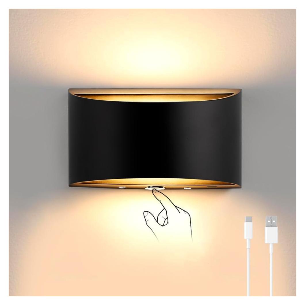 Aplique de Pared LED Recargable MSKEPSL, Luz Táctil Regulable Negra