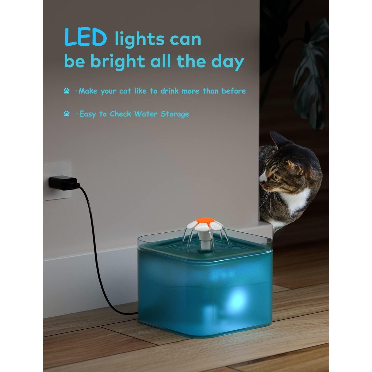 Fuente de Agua para Gatos AONBOY 2L Ultra Silenciosa LED