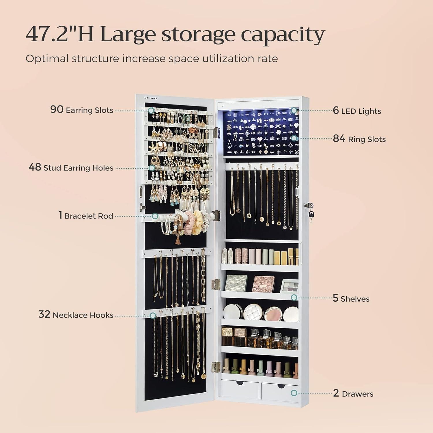 Armario de Joyería SONGMICS con Espejo y 6 LEDs 120 cm Blanco