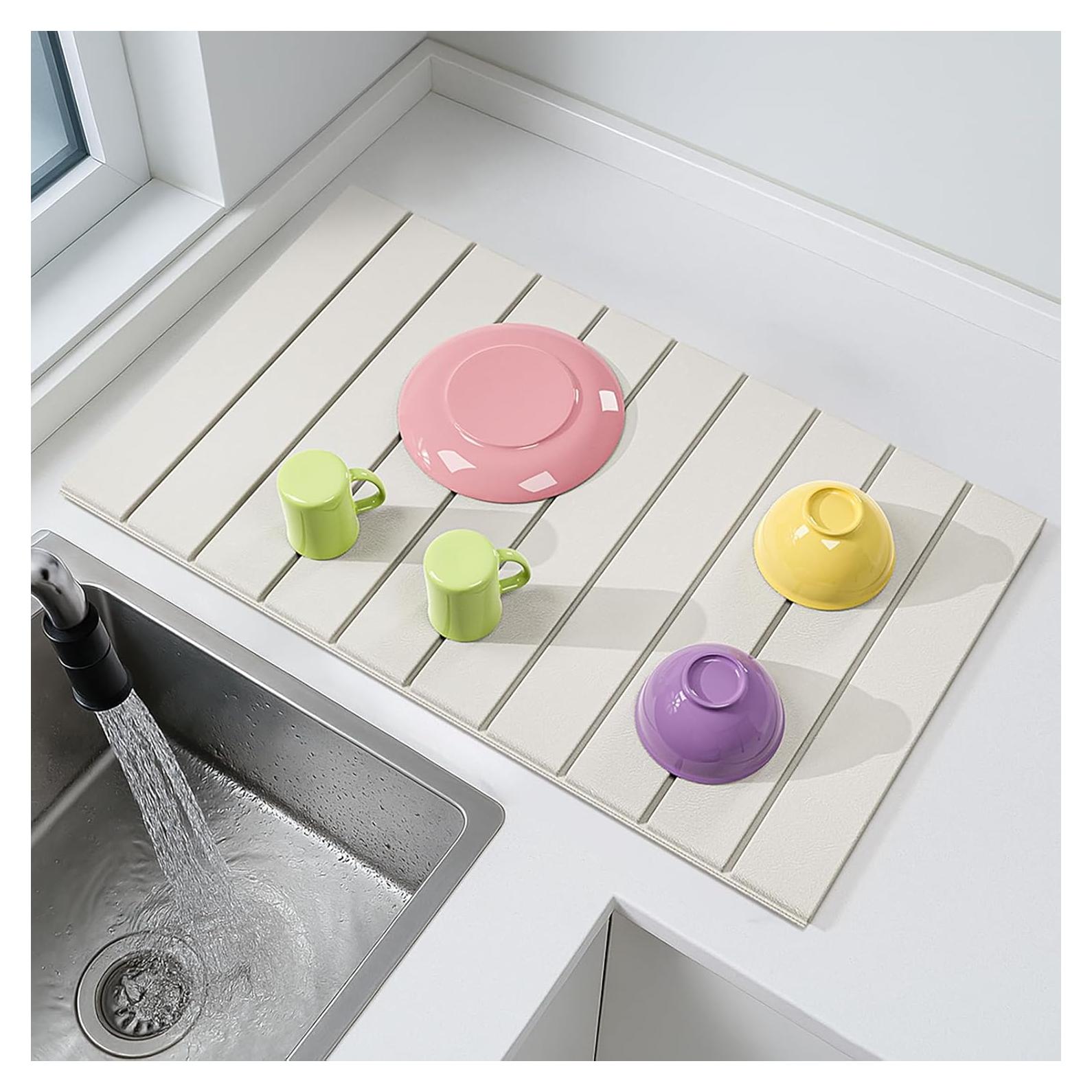 Stone Drying Mat for Kitchen Counter, Stone Dish Drying Mat Foldable, Large Water Absorbent Bath Mat Quick Dry for Kitchen Dishes Cups Bottles Bathroom Countertop - White