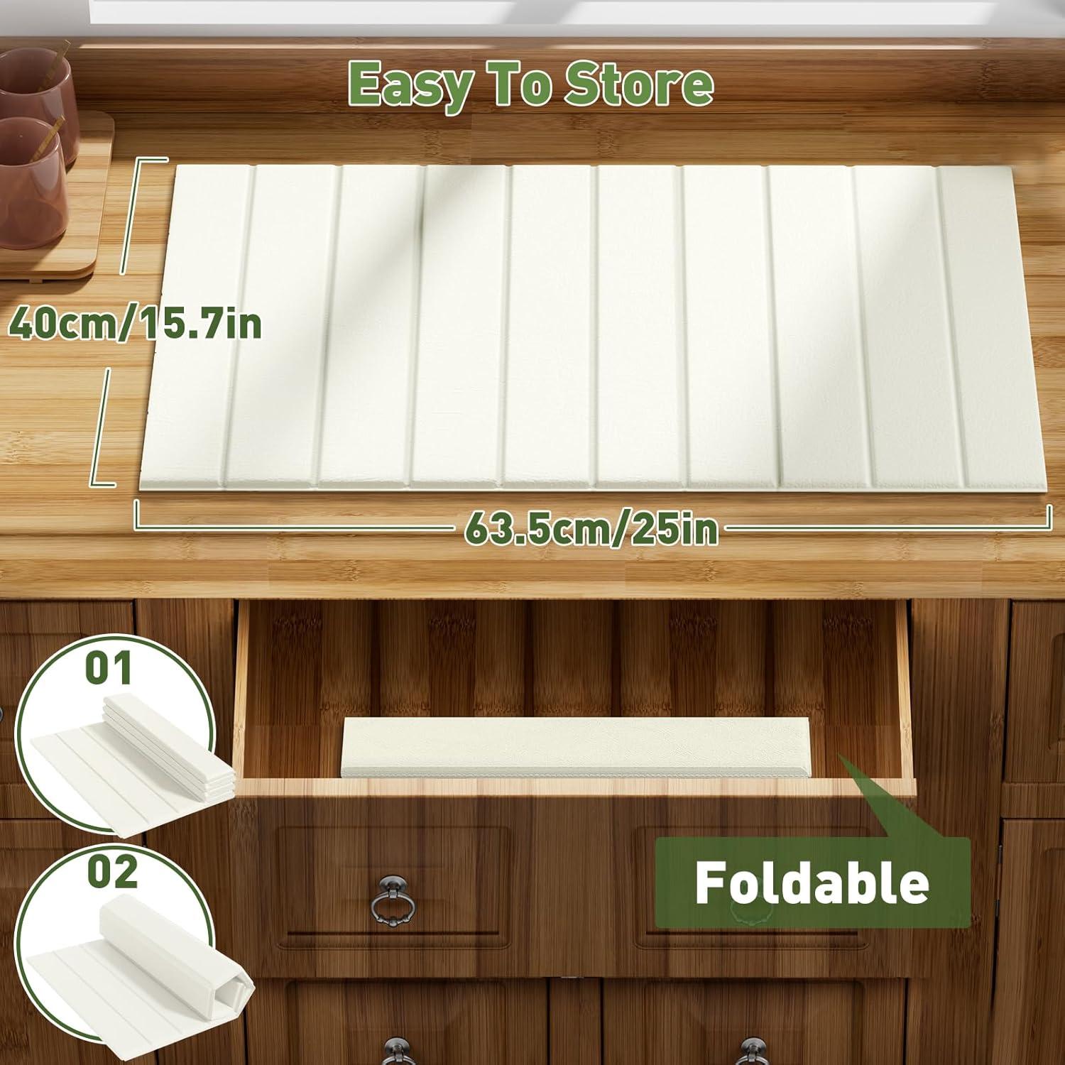 Stone Drying Mat for Kitchen Counter, Stone Dish Drying Mat Foldable, Large Water Absorbent Bath Mat Quick Dry for Kitchen Dishes Cups Bottles Bathroom Countertop - White