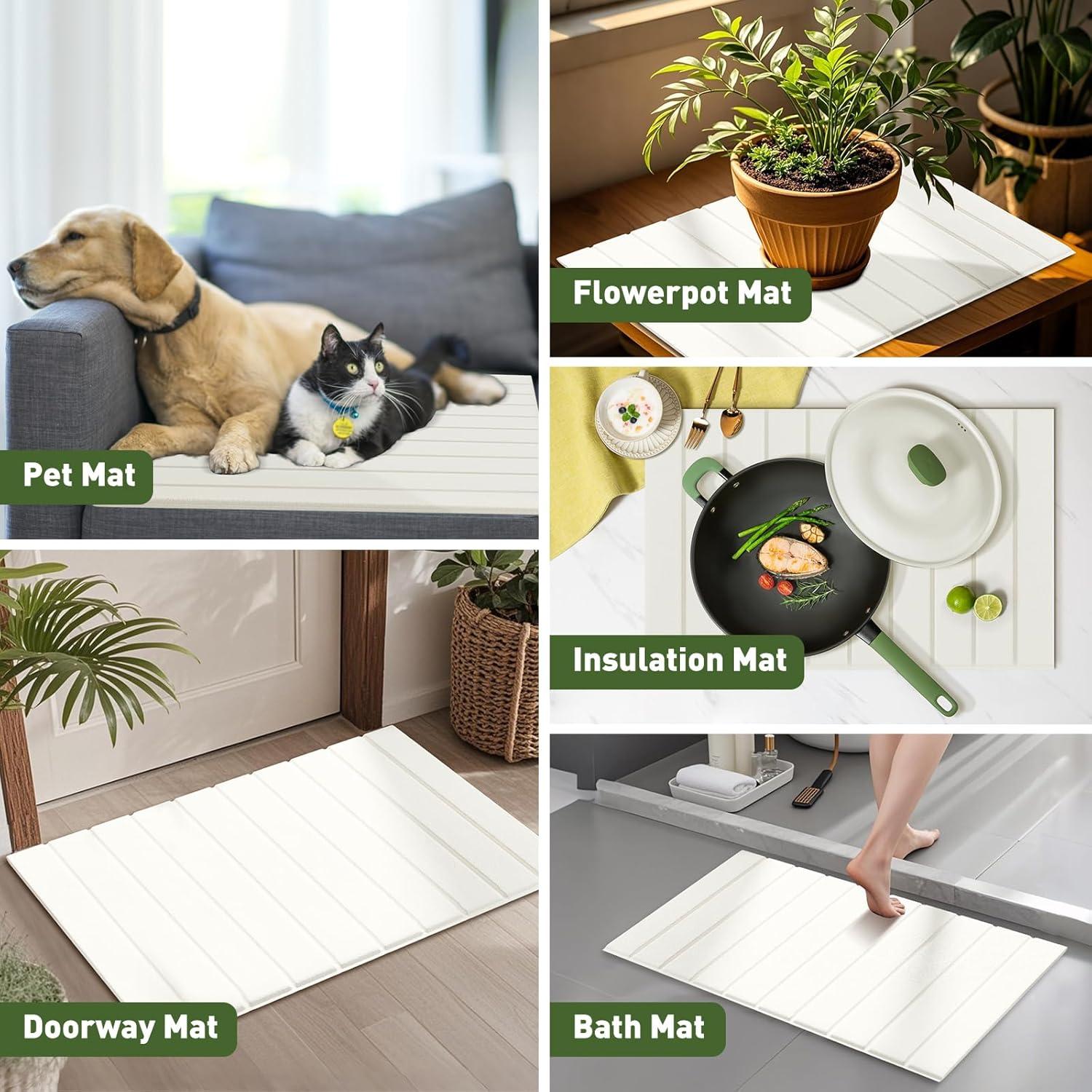 Stone Drying Mat for Kitchen Counter, Stone Dish Drying Mat Foldable, Large Water Absorbent Bath Mat Quick Dry for Kitchen Dishes Cups Bottles Bathroom Countertop - White