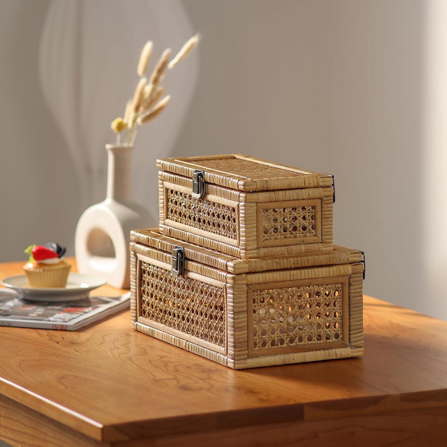 Juego de 2 Cajas Decorativas de Ratán HuiDao Rectangulares