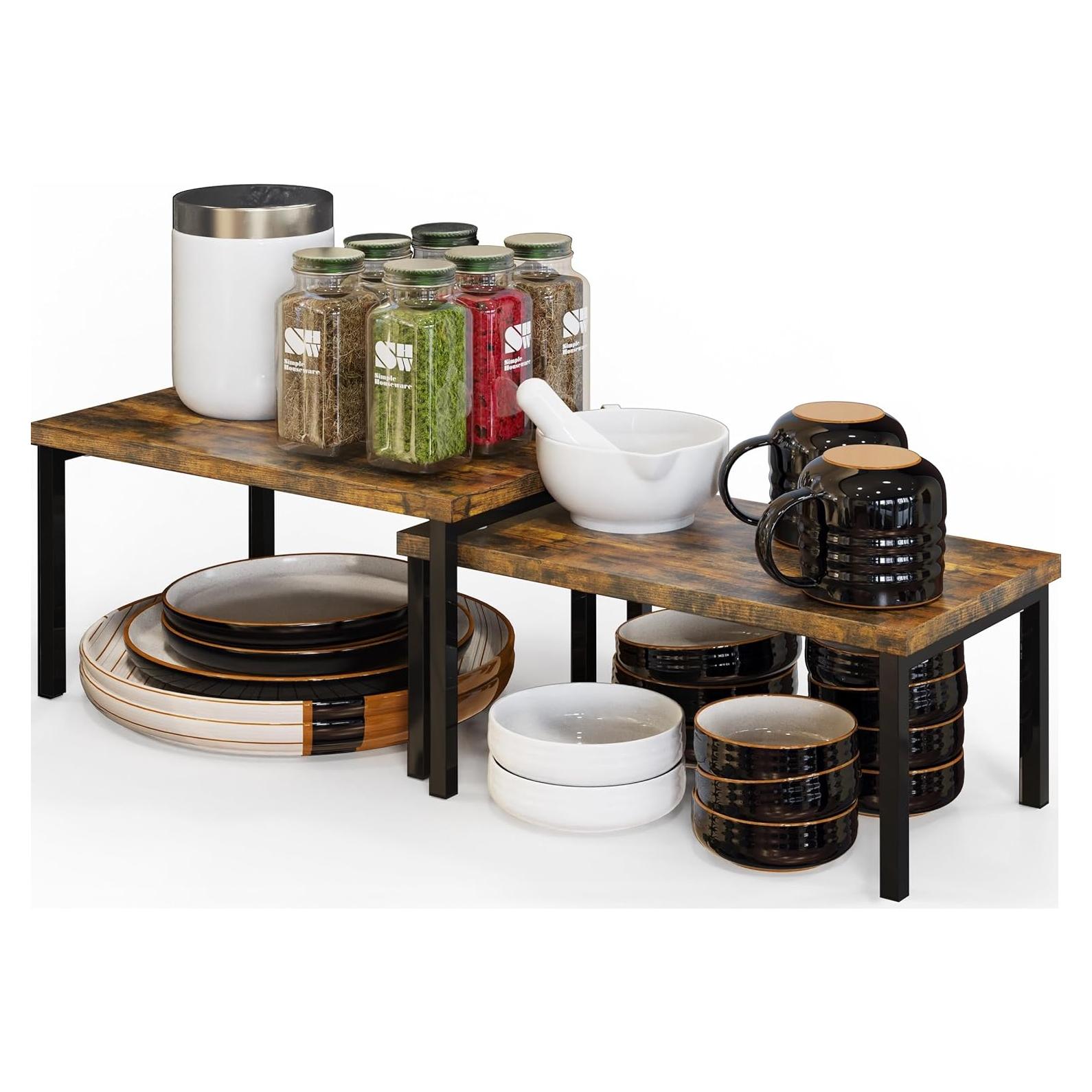 Simple Houseware Wooden Top Expandable Stackable Kitchen Cabinet and Counter Shelf Organizer, Rustic Brown