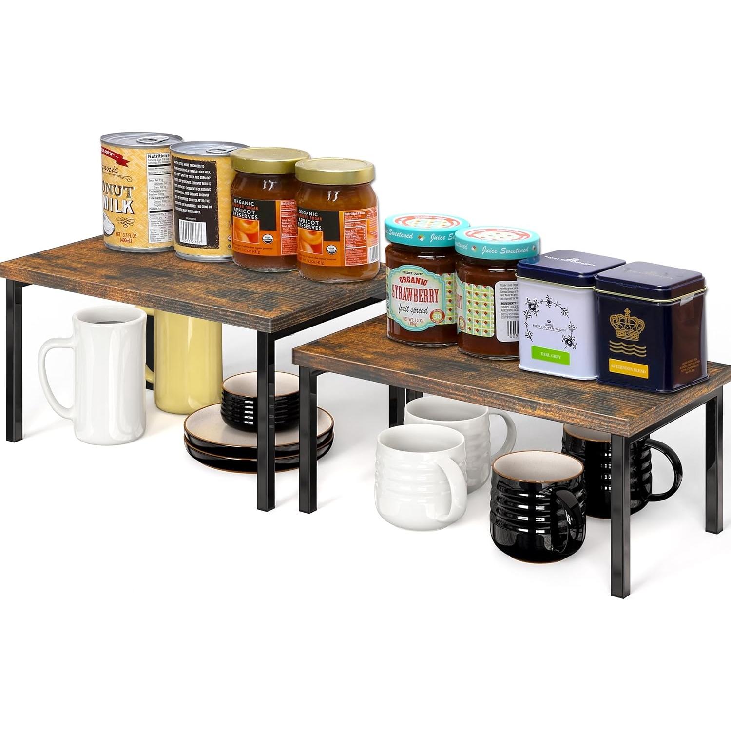 Simple Houseware Wooden Top Expandable Stackable Kitchen Cabinet and Counter Shelf Organizer, Rustic Brown