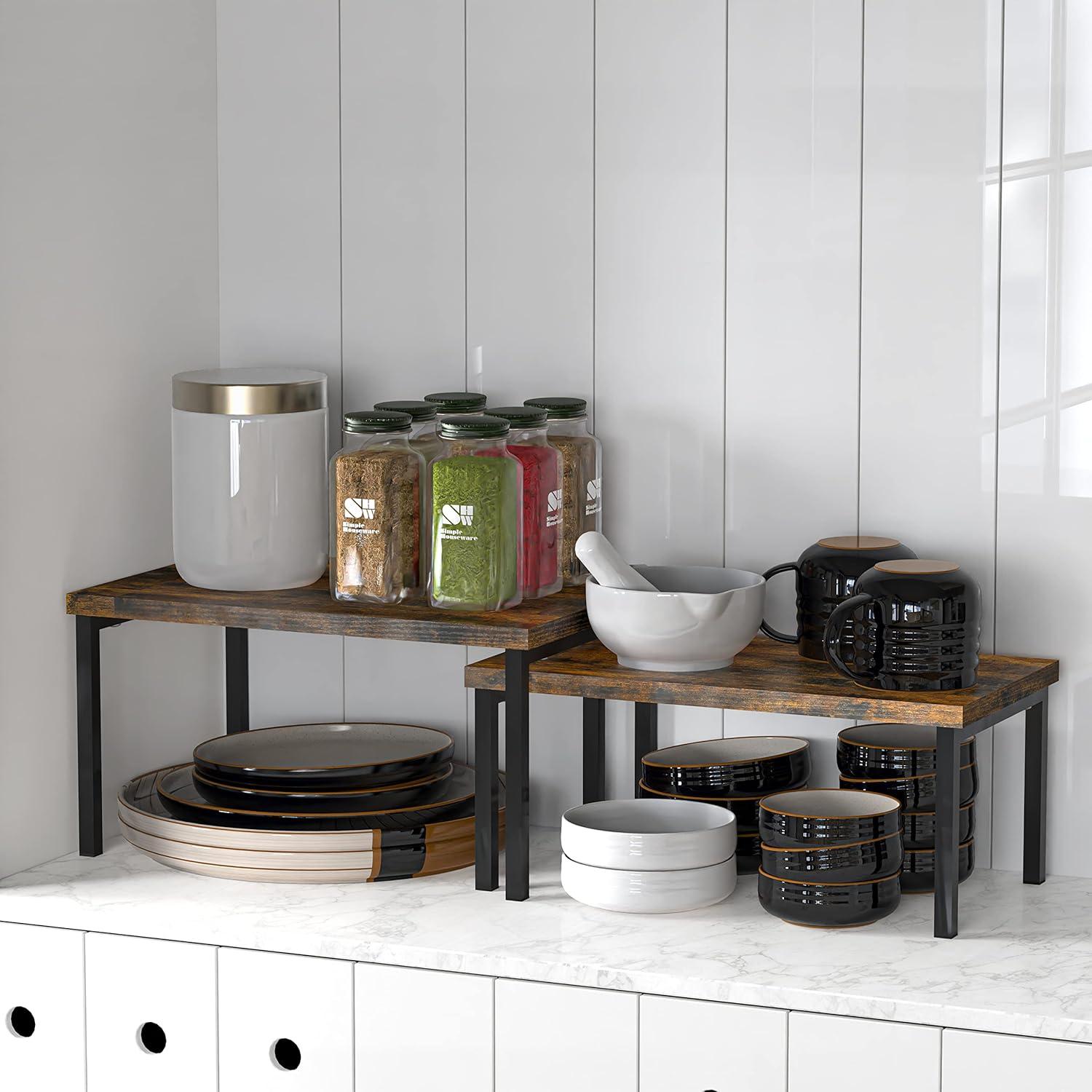 Simple Houseware Wooden Top Expandable Stackable Kitchen Cabinet and Counter Shelf Organizer, Rustic Brown