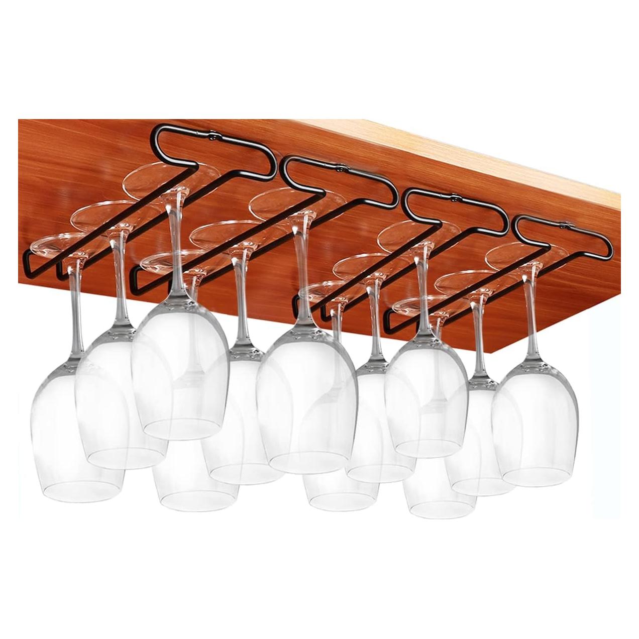 Conjunto 4 Soportes Copas de Vino GeLive Bajo Estante Negro