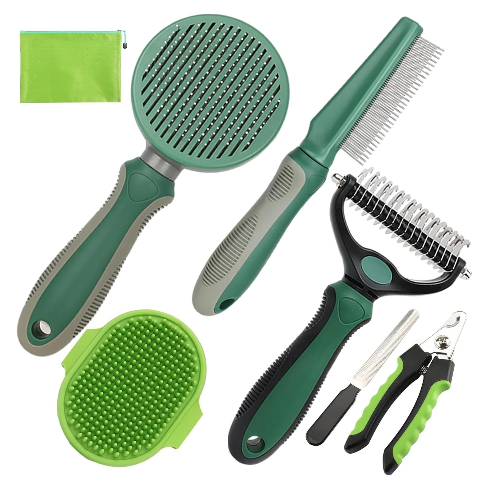 Kit de Cuidado de Mascotas KUEIOX 7 Piezas Verde Cepillos y Cortauñas