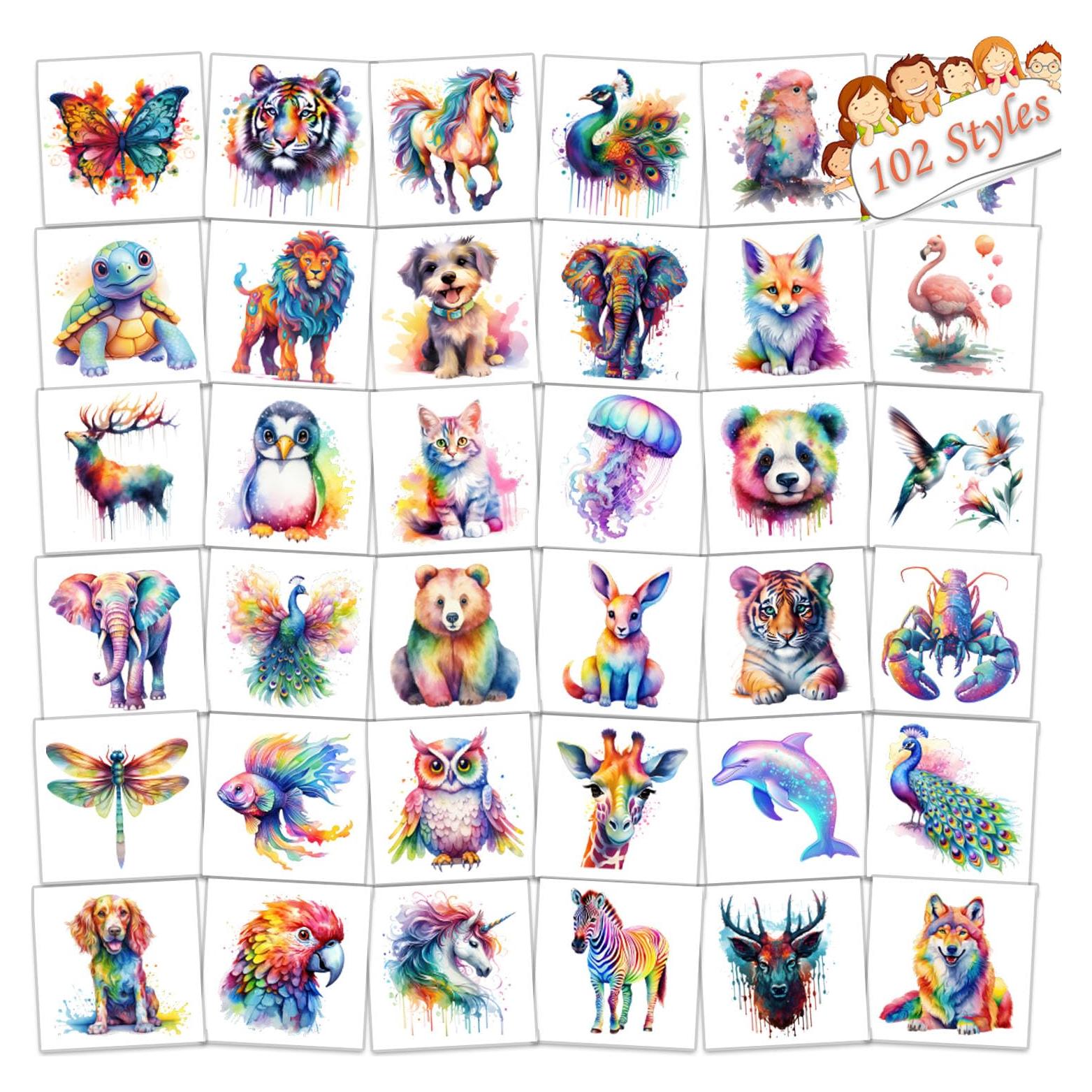 102 Tatuajes Temporales de Animales Acuarelados UVUXO