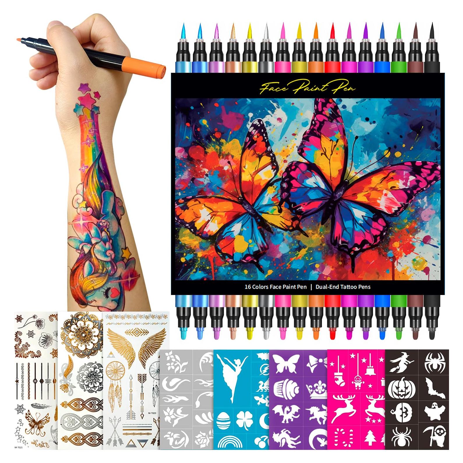 Kit de Marcadores de Tatuajes Temporales CORALMEE 16 Colores