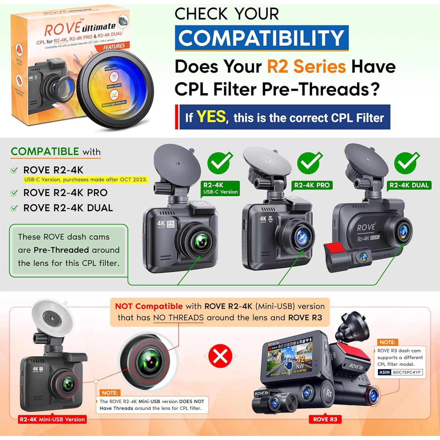 Filtro CPL ROVE para Dash Cam R2-4K, PRO y DUAL - Antirreflejos