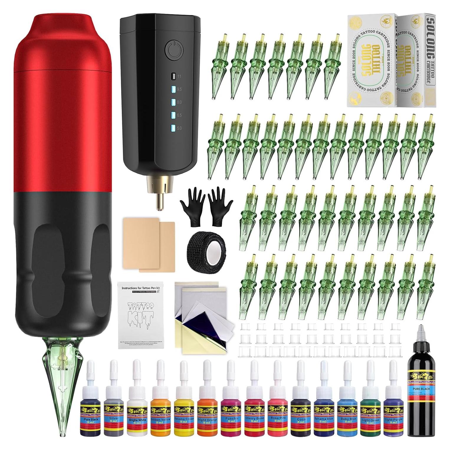 Kit de Tatuaje Inalámbrico Solong con 40 Agujas y 120ML Tinta