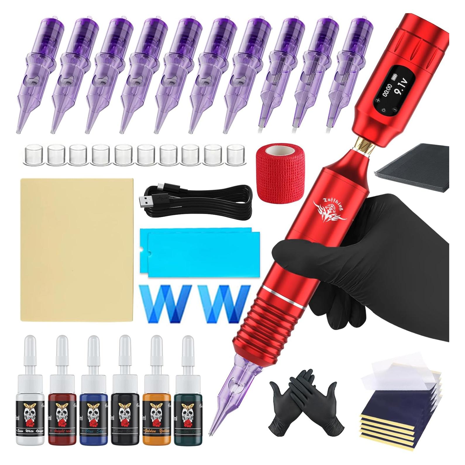 Kit de Máquina de Tatuaje Inalámbrica Ybeauty 45 Piezas Rojo