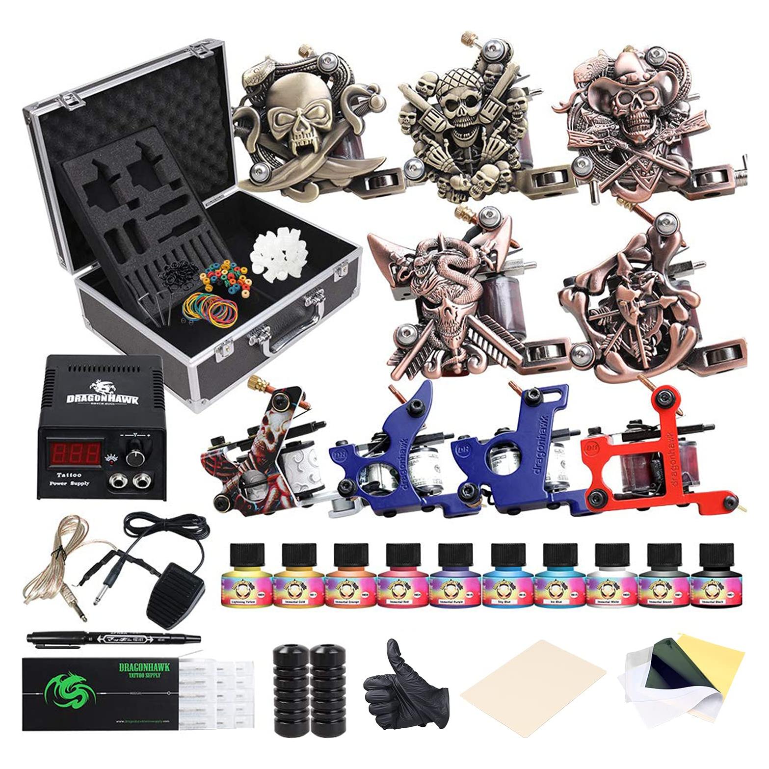 Kit de Tatuaje Completo Dragonhawk para Principiantes - 9 Máquinas, Tintas, Agujas y Más