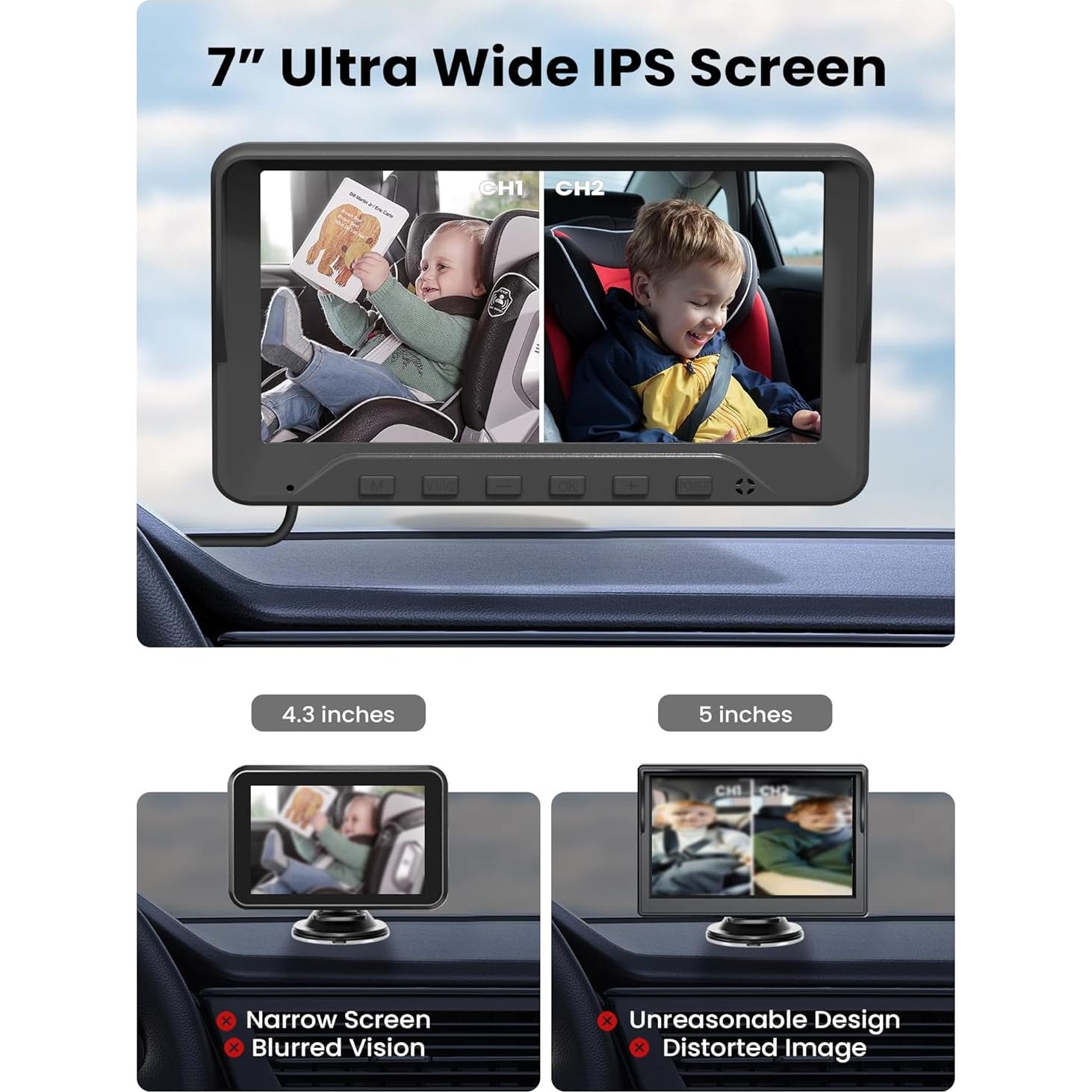 Cámara de Auto para Bebés GROWNSY 7" HD con 2 Cámaras y Visión Nocturna