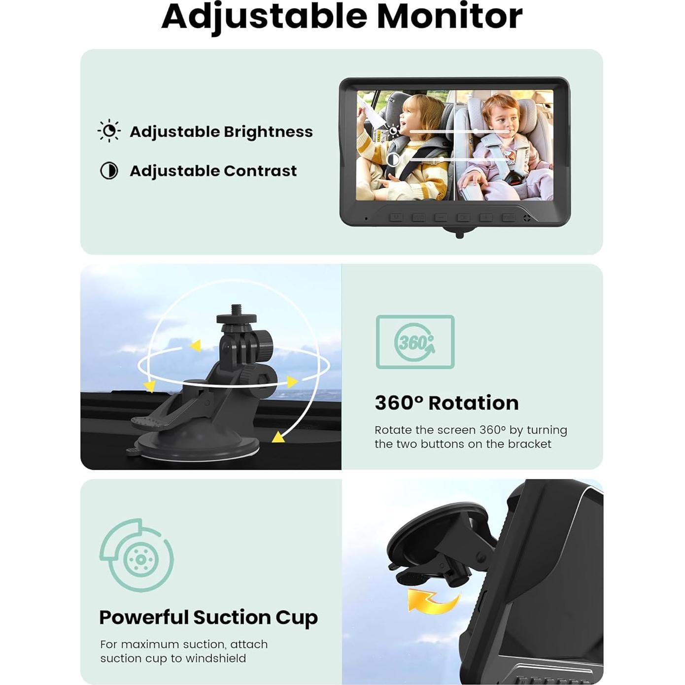 Cámara de Auto para Bebés GROWNSY 7" HD con 2 Cámaras y Visión Nocturna