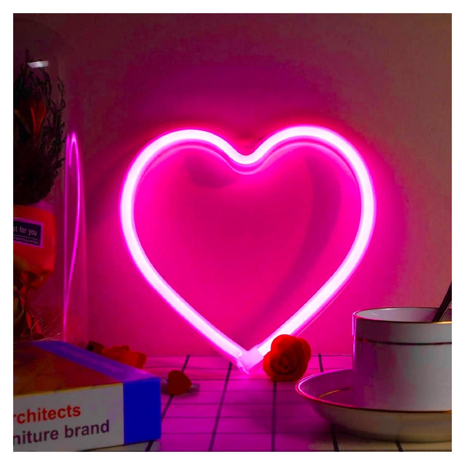 Luz de Neón Corazón Rosa EXF - Lámpara LED USB y Batería
