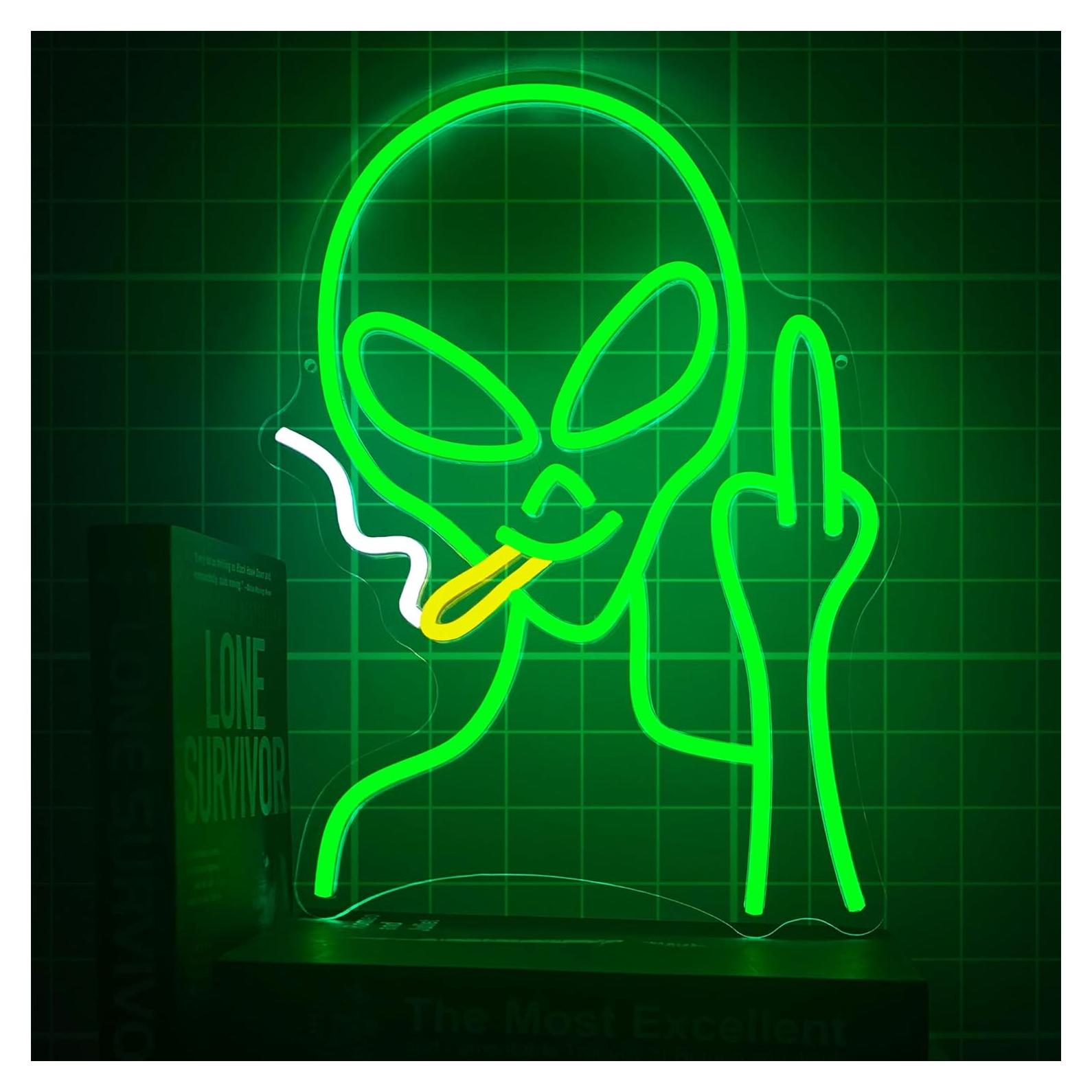 Cartel de Neón LED Alienígena Verde Regulable 38x28 cm