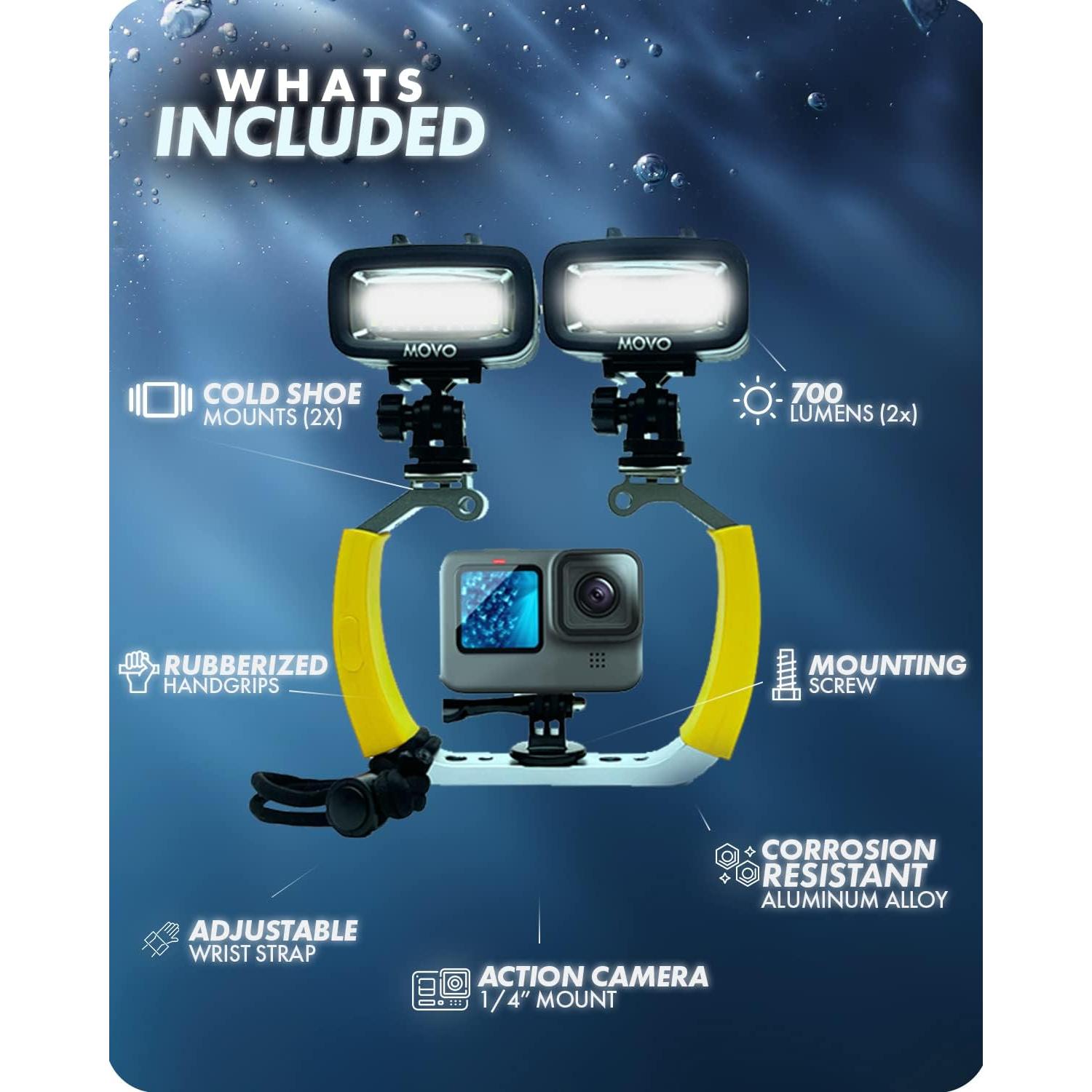 Movo DiveRig3 Diving Rig Bundle with 2 Waterproof LED Lights - Compatible with GoPro HERO3, HERO4, HERO5, HERO6, HERO7, HERO8, and DJI Osmo Action Cam - Scuba Accessories for Underwater Camera