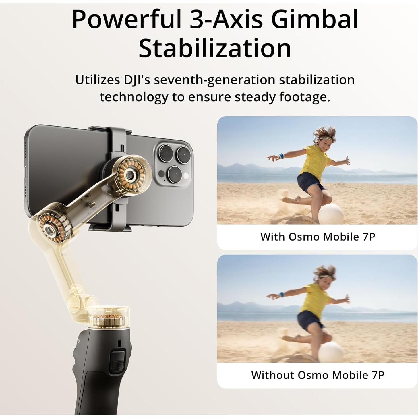 DJI Osmo Mobile 7P Gimbal Stabilizer for iPhone, Android, Native Tracking, Lighting, 3-Axis Phone Gimbal, Quick Launch, One-Tap Edit, Built-in Extension Rod & Tripod, 10hrs Use, Phone Charging