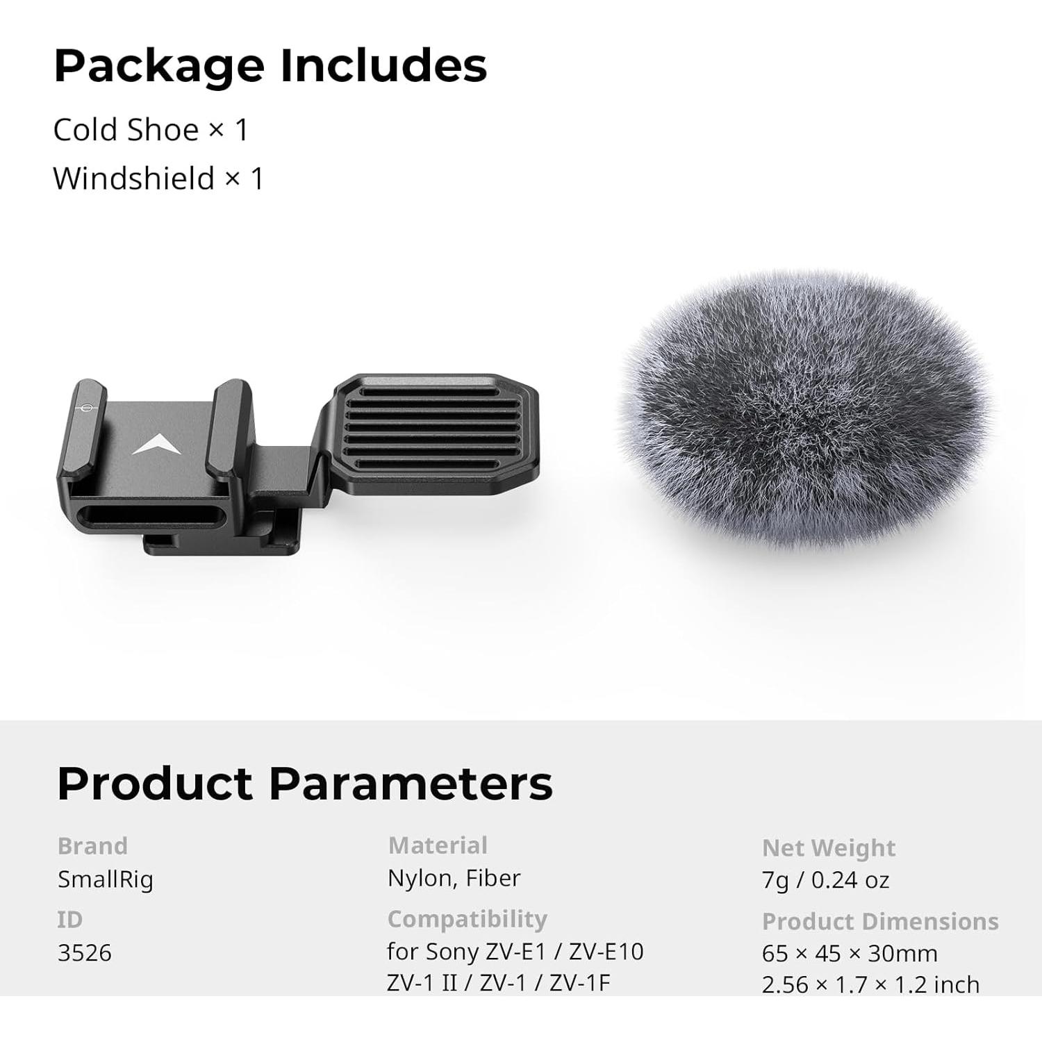 Adaptador de zapata fría SmallRig 3526 con parabrisas para Sony ZV-1F/ZV-E10/ZV-1/ZV-E1/ZV-1 II