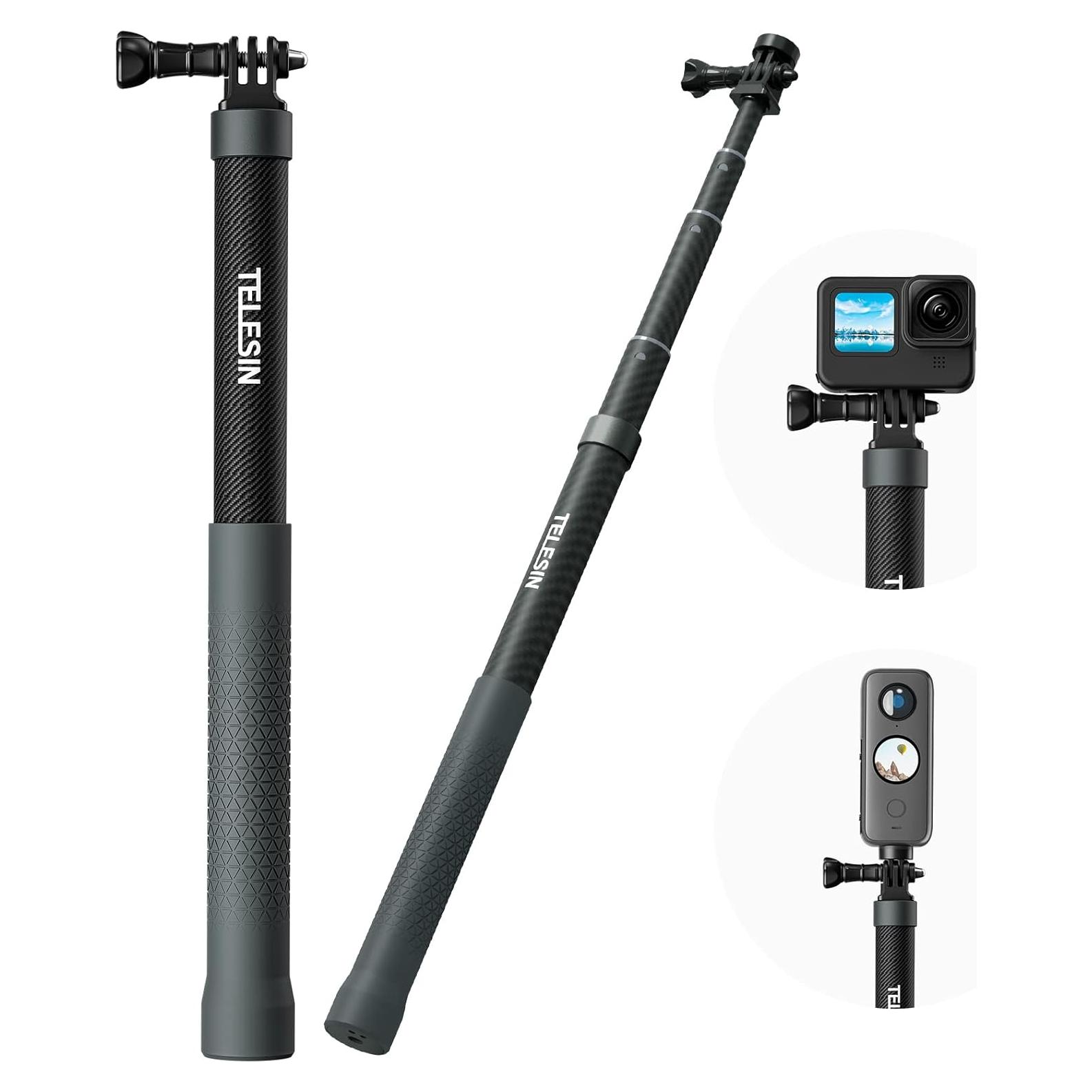 Palo Selfie Extensible TELESIN 1.2m Fibra de Carbono Impermeable