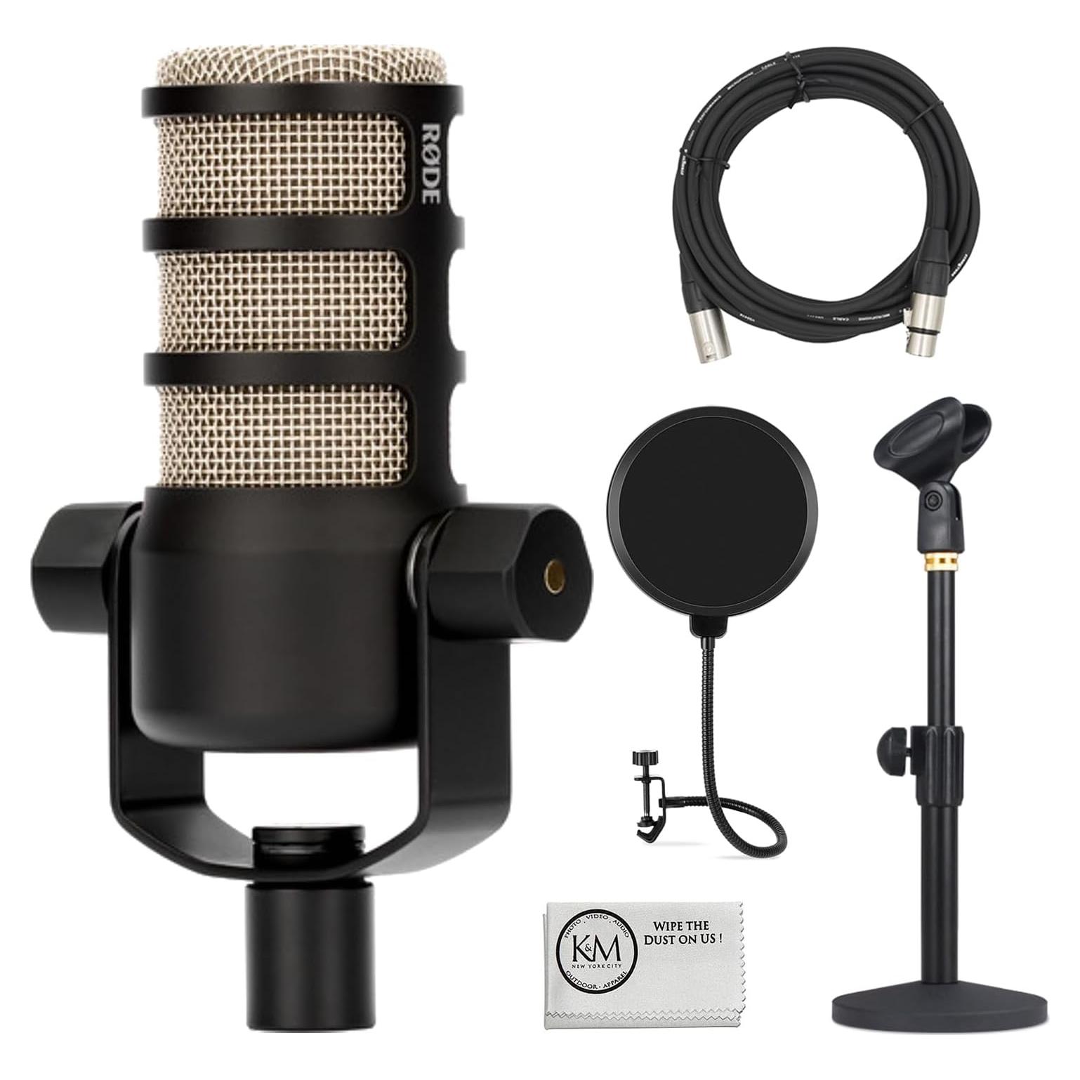 Micrófono Dinámico Rode PodMic para Podcasting + Soporte + Filtro Pop + Cable XLR 6.1m + Paño