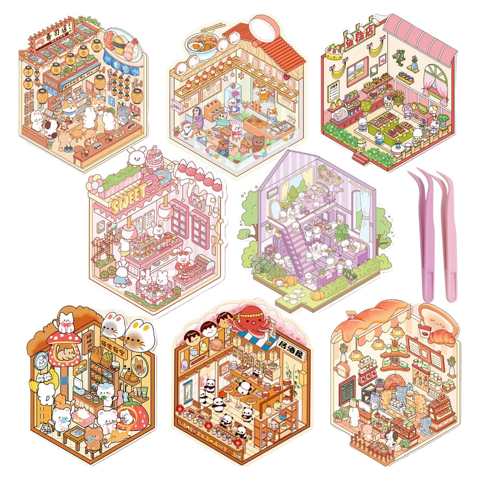 Set de Stickers 3D DIY Genérico - 8 Etiquetas de Escena Miniatura