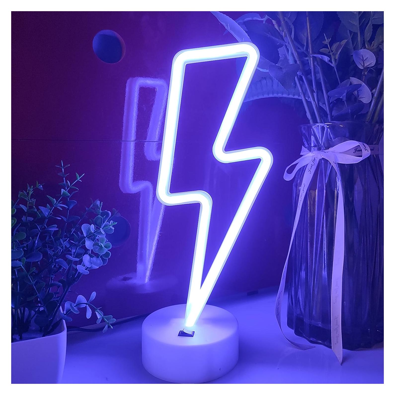 Señal de Neón Relámpago JYWJ Azul con Base Soporte USB
