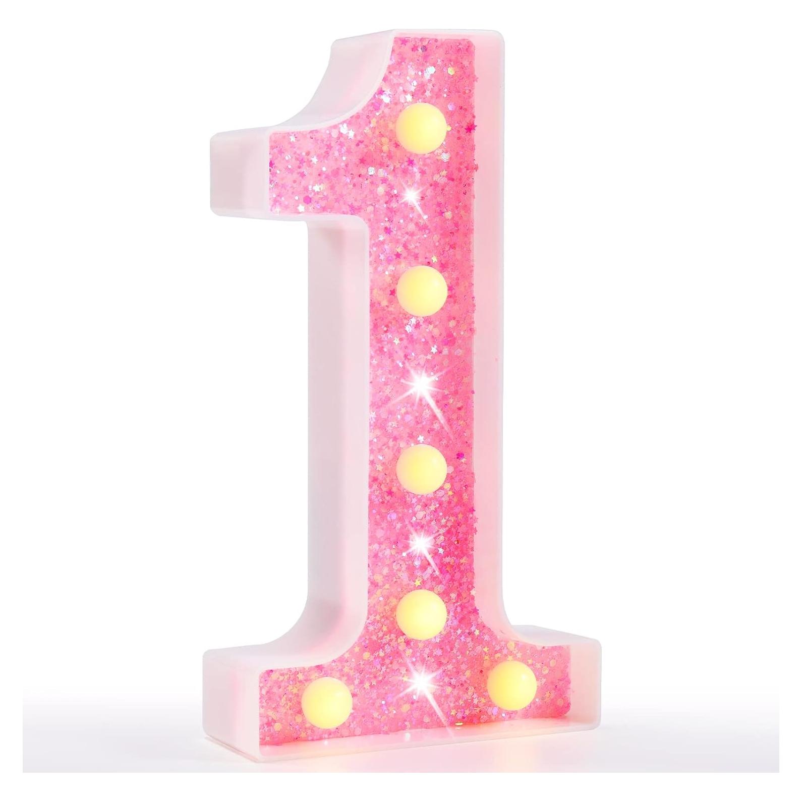 Número 1 Iluminado LED Rosa Pooqla para Decoración de Fiestas