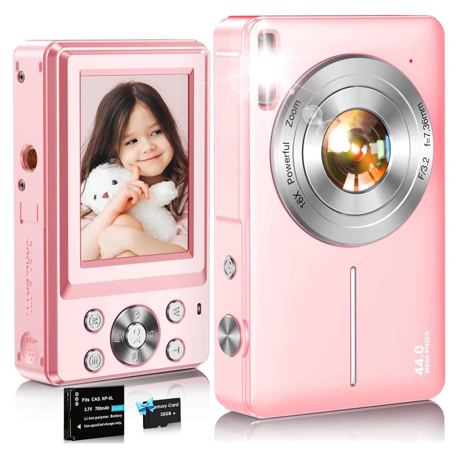 Digital Camera,FHD 1080P Kids Camera 44MP Point and Shoot Digital Cameras with 32GB Card,16X Zoom,Anti-Shake,Date Stamp,Compact Small Cameras Photography for Kids Student Teen Girl Boy(Pink)